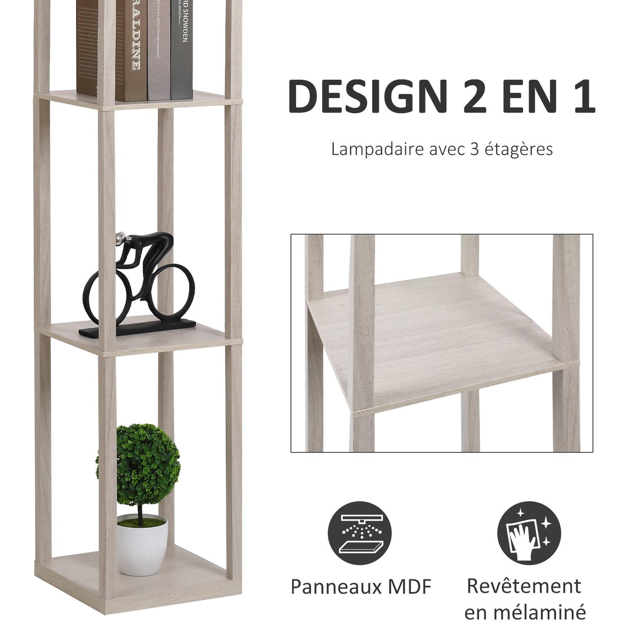 Voir la diapositive 6 : HOMCOM Lampadaire étagère lampe étagère 26L x 26l x 160H cm 3 étagères 4 niveaux MDF gris clair