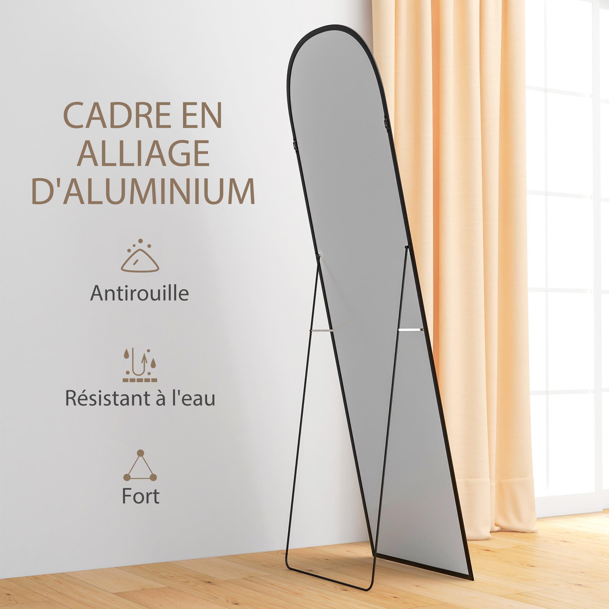 Voir la diapositive 6 : HOMCOM Miroir sur pied - miroir mural rectangulaire arrondi - dim. 50L x 161,5H cm - alu. noir