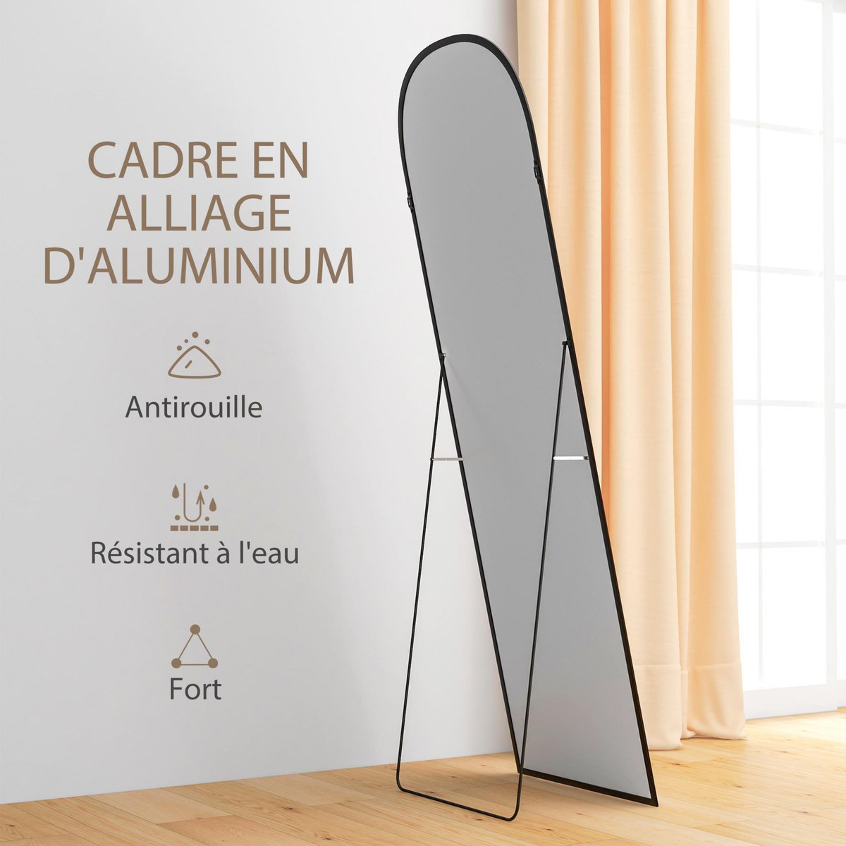 HOMCOM Miroir sur pied - miroir mural rectangulaire arrondi - dim. 50L x 161,5H cm - alu. noir