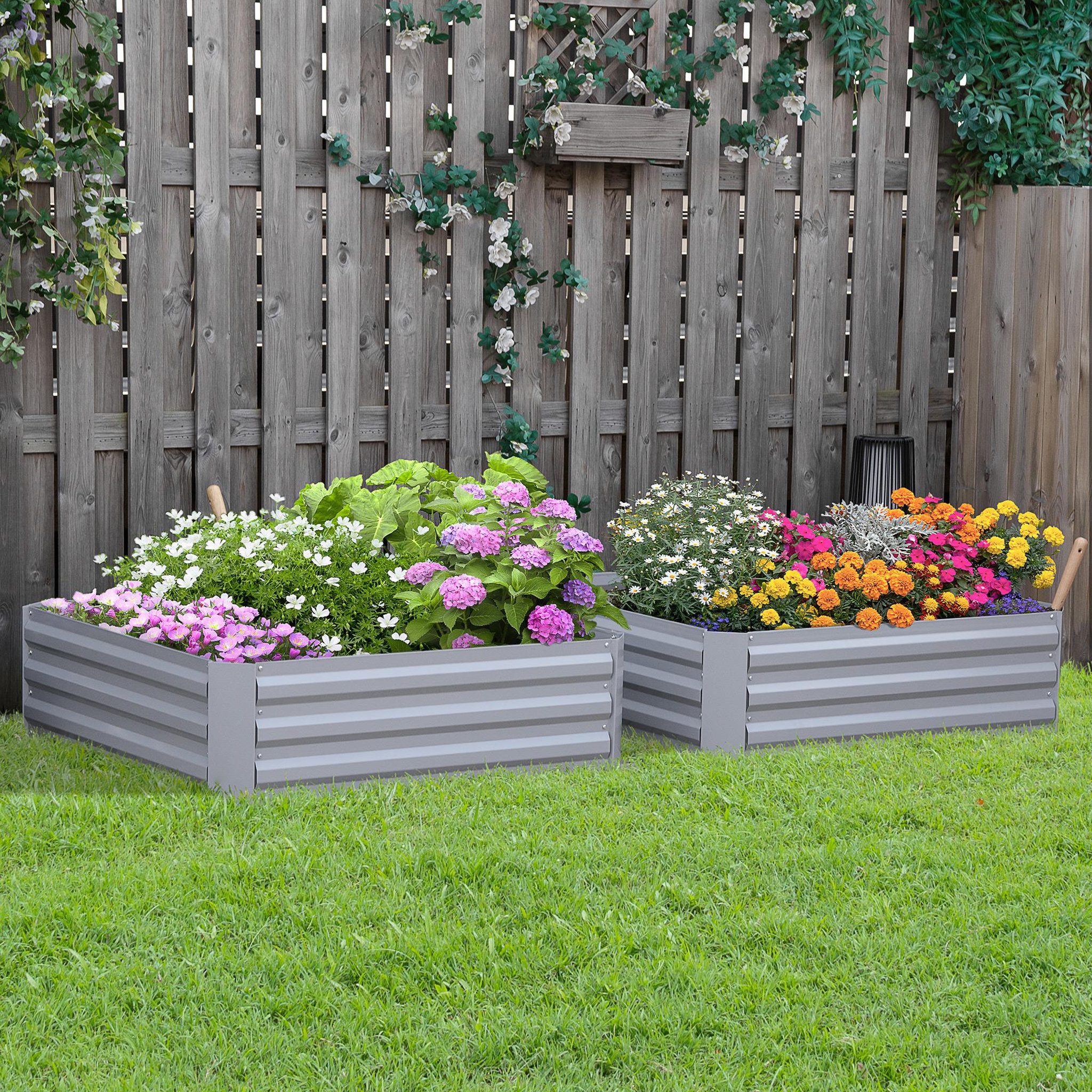 Voir la diapositive 2 : OUTSUNNY Lot de 2 carrés potager de jardin dim. 100L x 100l x 30H cm tôle d'acier ondulée gris