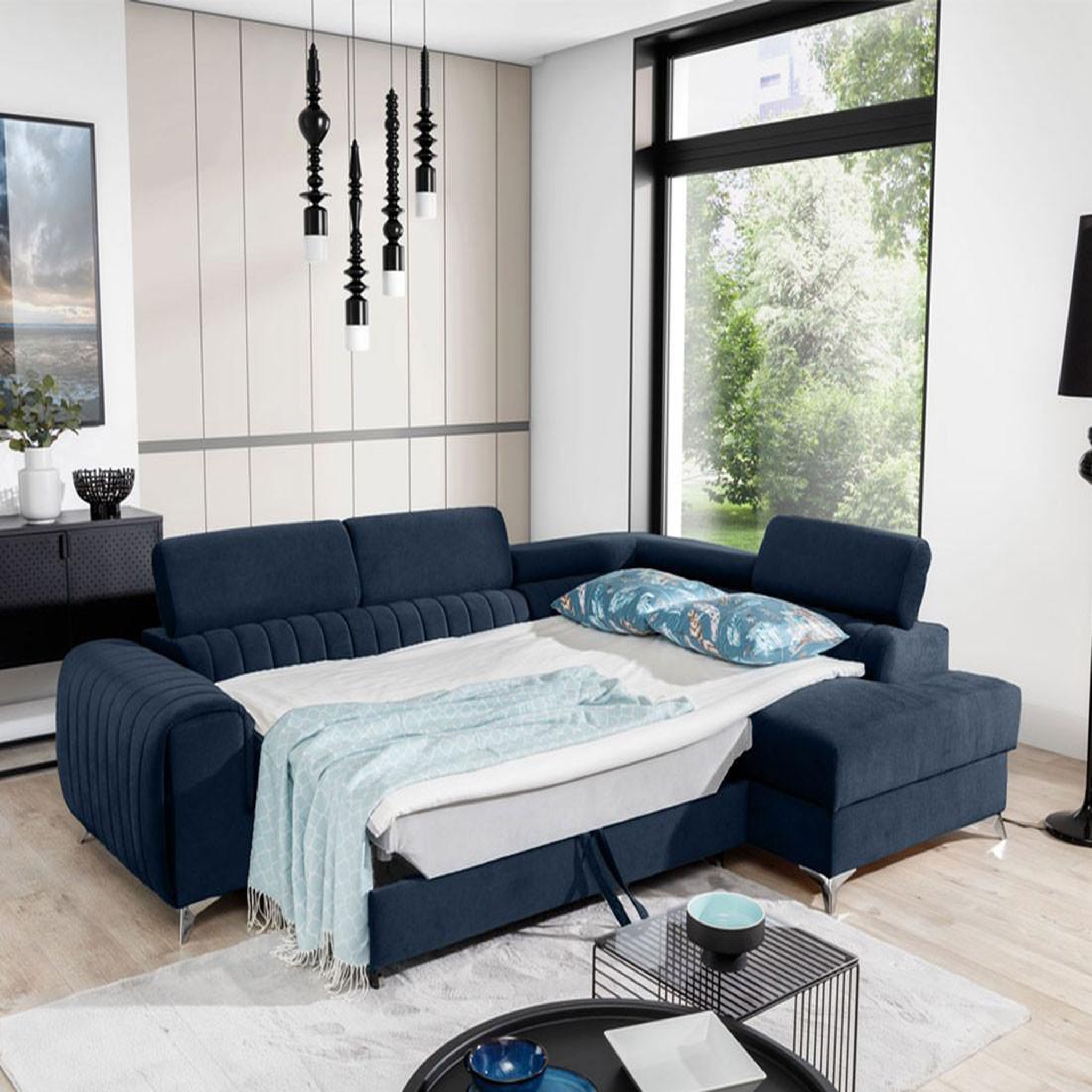 Voir la diapositive 2 : BEST MOBILIER Talisay - canapé d'angle droit - 5 places - convertible avec coffre - en velours