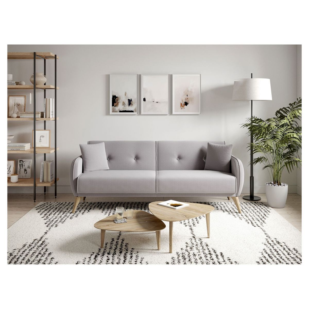 Canapé droit convertible 3 places tissu pieds bois clair BONJO