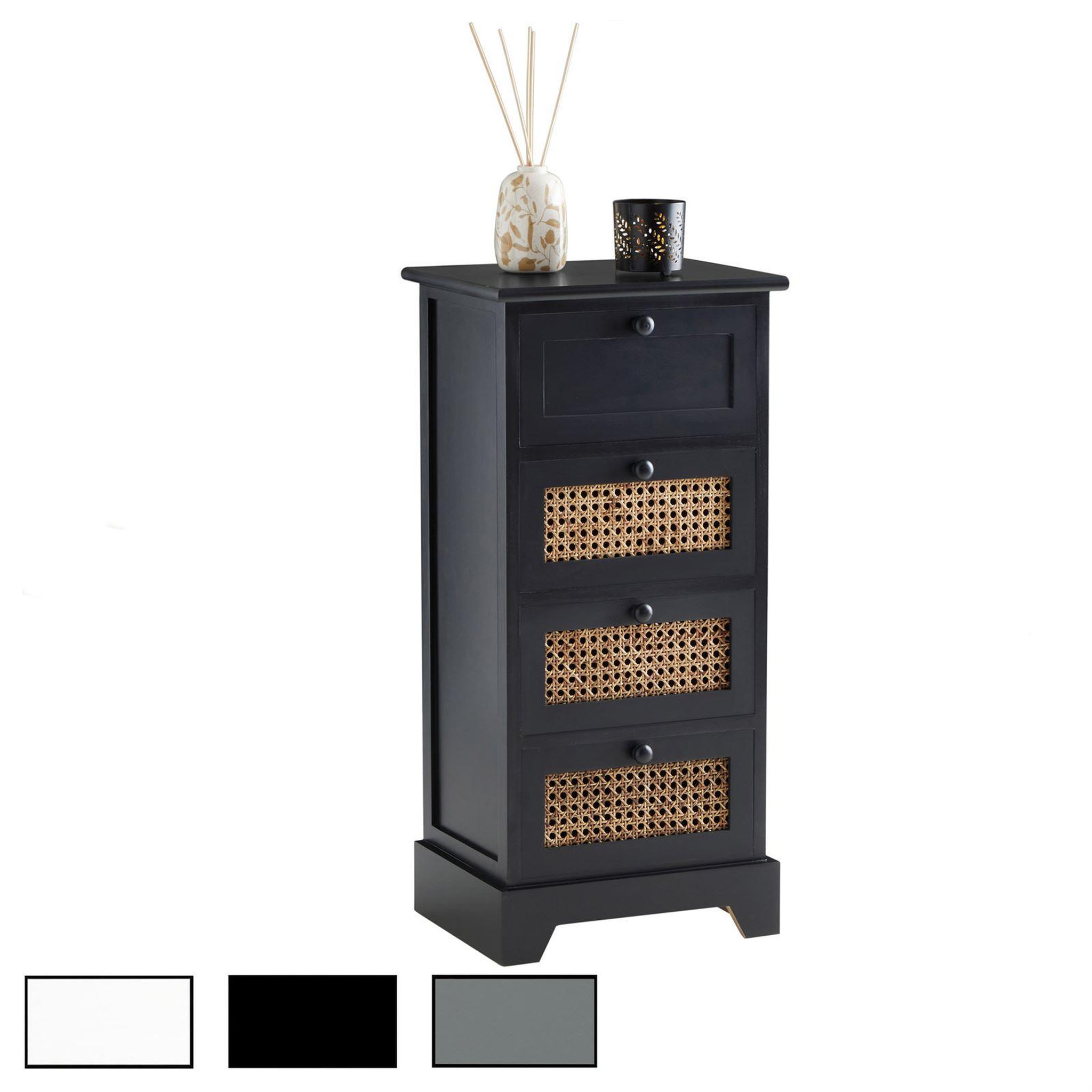 IDIMEX Chiffonnier JASMIN avec 4 tiroirs, en bois de paulownia et rotin. Coloris disponibles : Noir