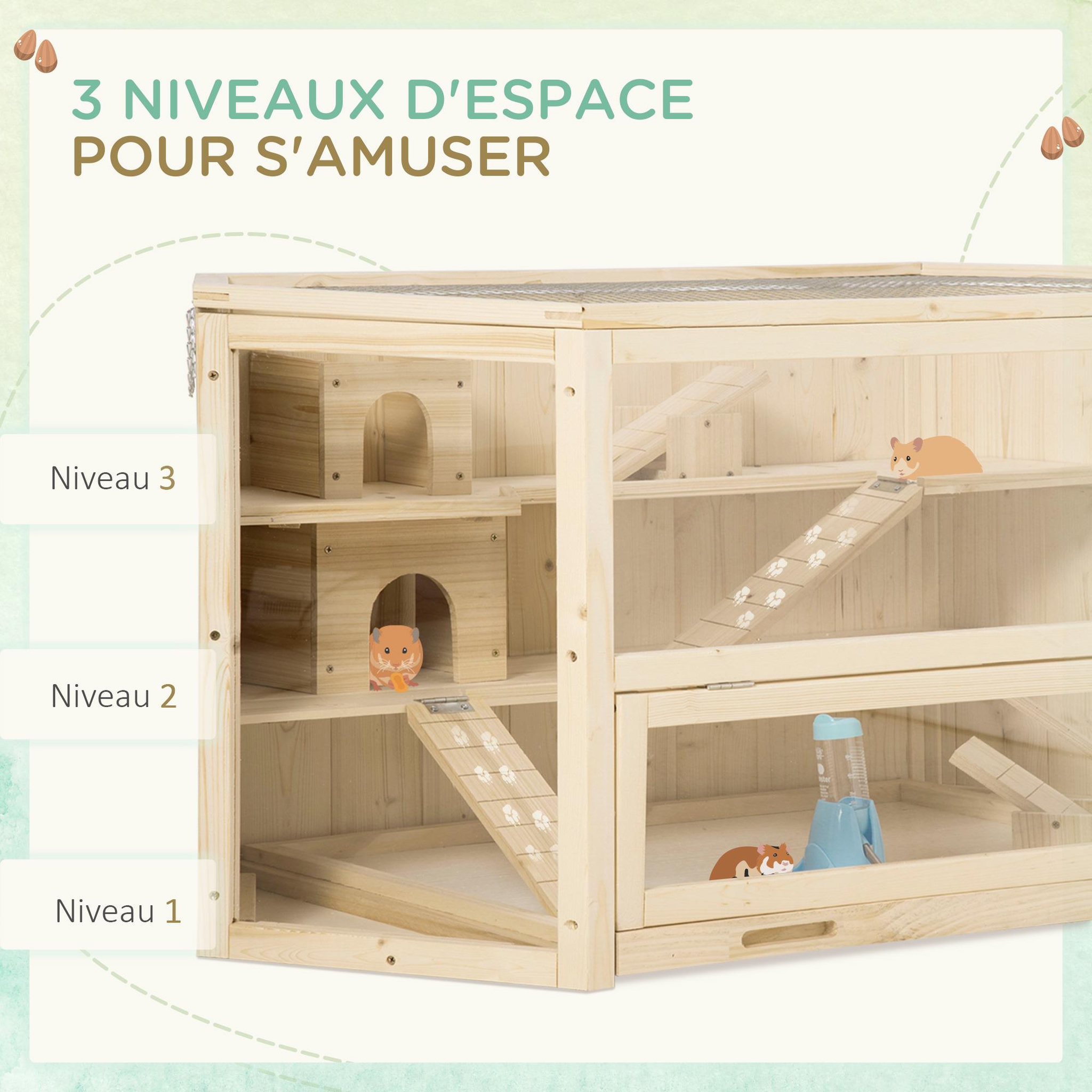 Voir la diapositive 5 : PAWHUT Cage pour hamster 2 étages dim. 115x60x55cm bascules biberon eau fenêtres cabanes toit ouvrable plateau déjection bois