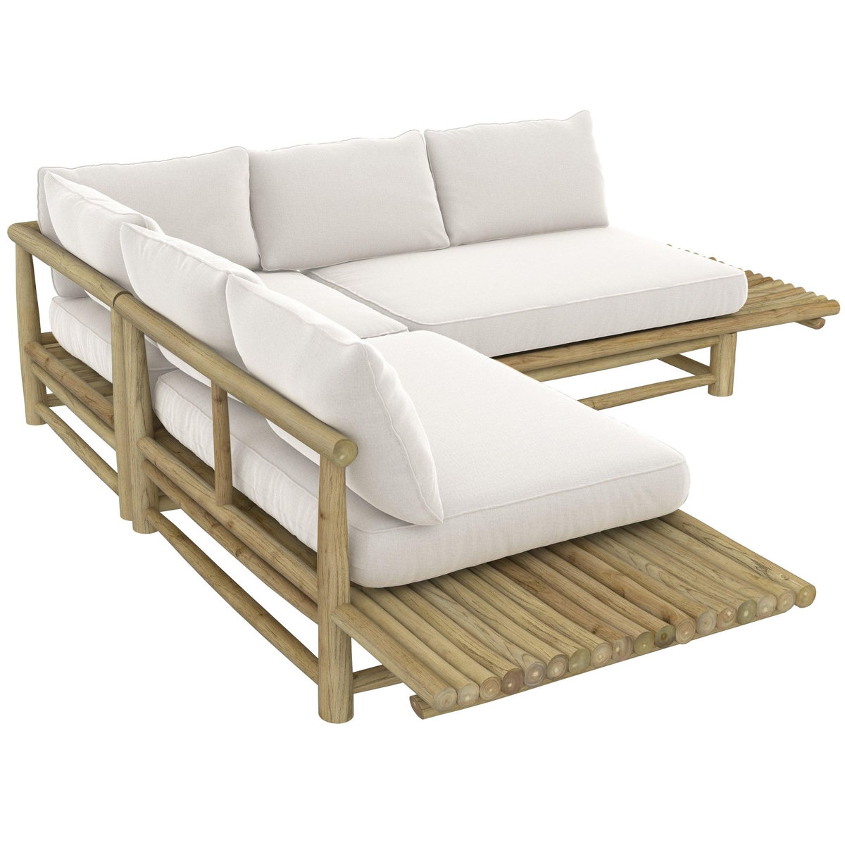 Rendez vous déco Canapé d'angle de jardin 4 places en teck et coussins blancs-Sunny