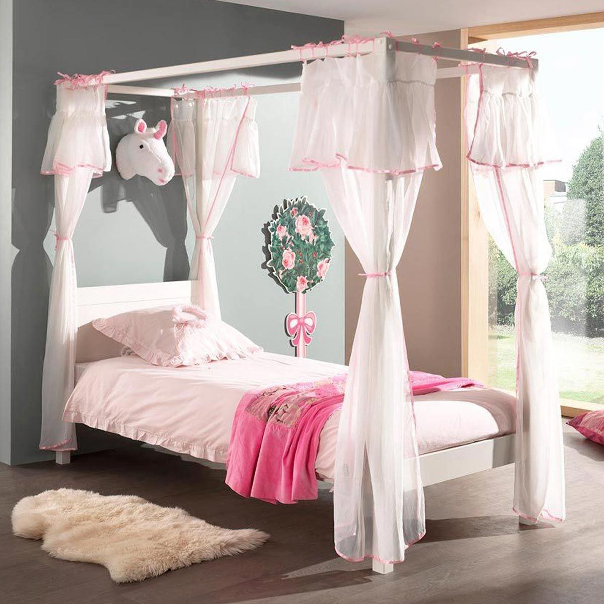 Voir la diapositive 3 : Paris Prix Lit enfant à baldaquin & voile  pino  90x200cm blanc & rose