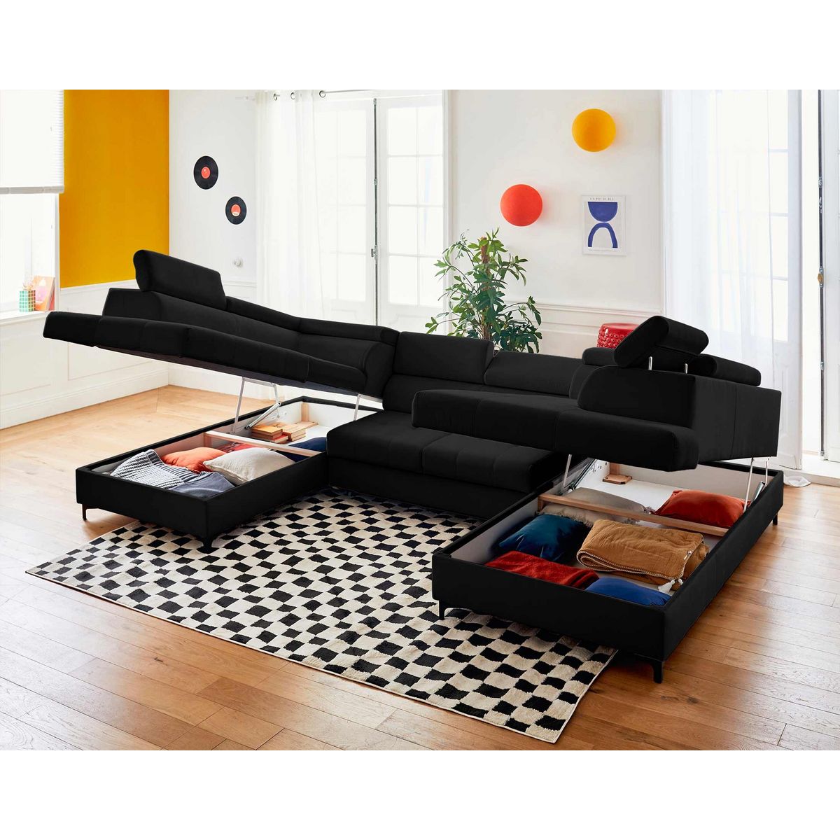 LISA DESIGN Merida - canapé panoramique en u - 7 places - convertible avec coffres et têtières réglables - en velours