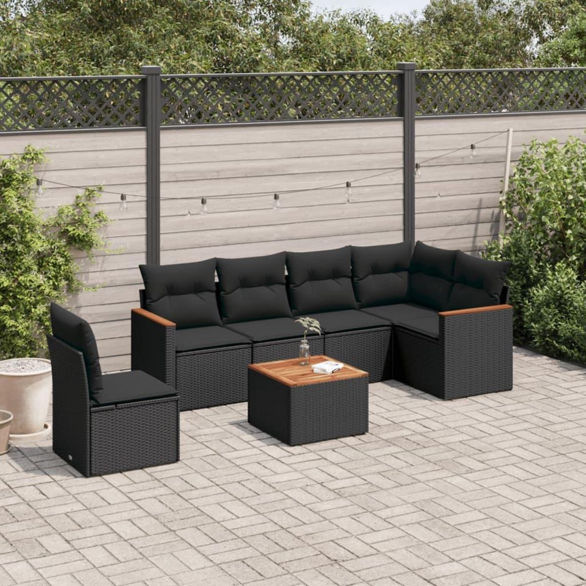 VIDAXL Salon de jardin 7 pcs avec coussins noir resine tressee