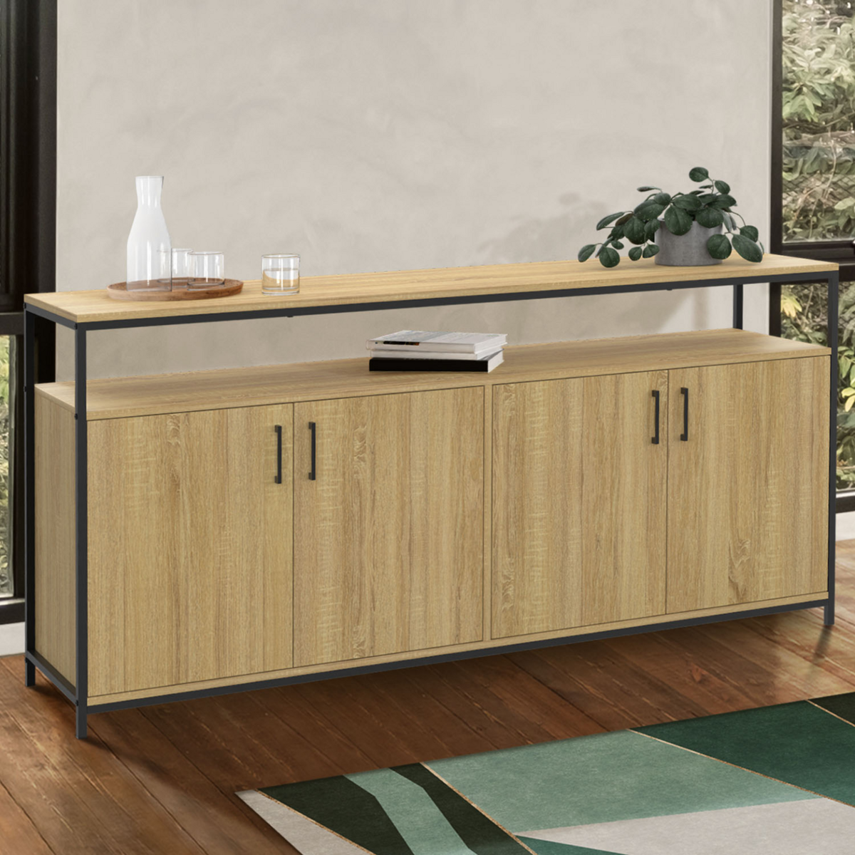 ID MARKET Buffet 160 cm DETROIT 4 portes bois et noir design industriel