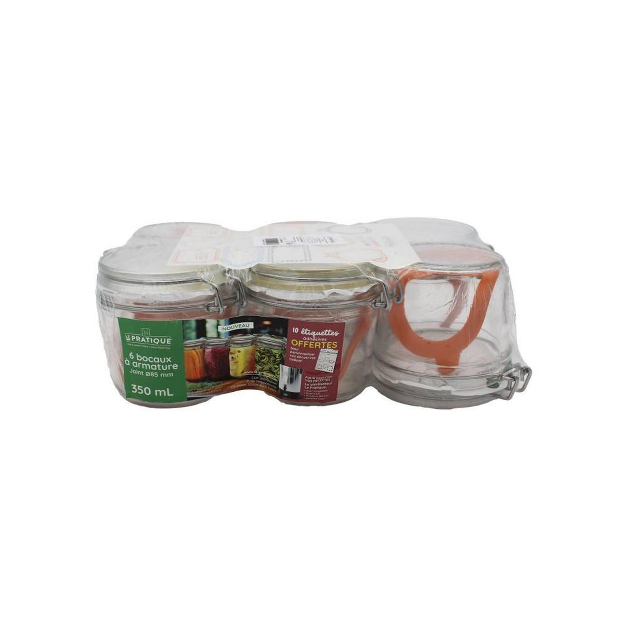 Voir la diapositive 2 : LE PRATIQUE Bocaux en verre à poignée métal 350 ml ø85 mm, lot de 6 pour conserves maison, couvercle à cadre de fermeture, avec 10 étiquettes adhésives
