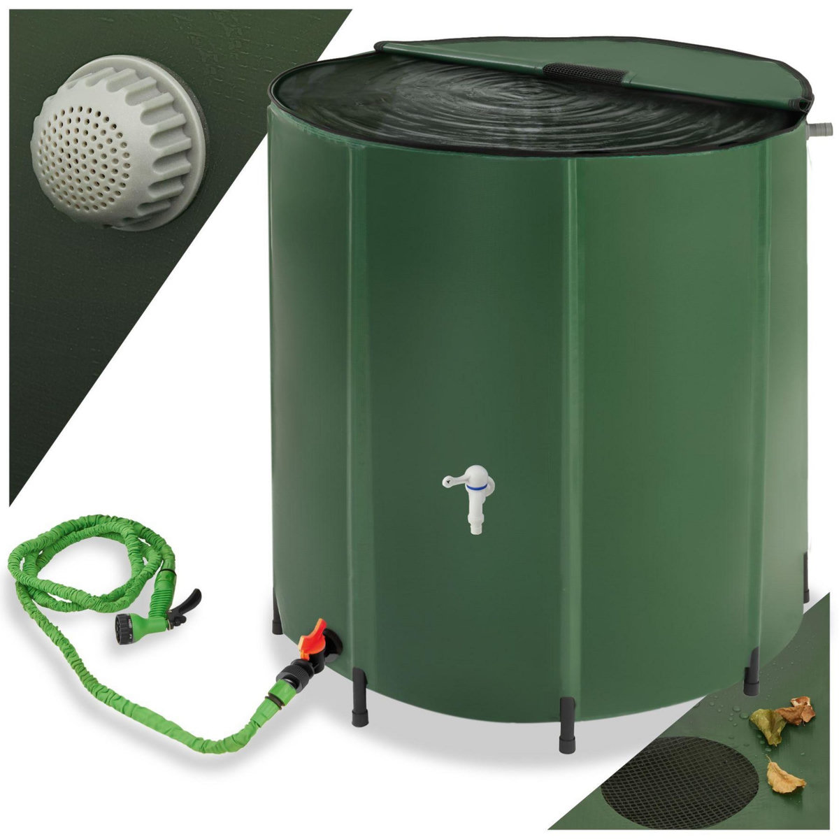 tectake Tonneau récupérateur d'eau de pluie avec robinet et protection anti-débordement vert 500 L