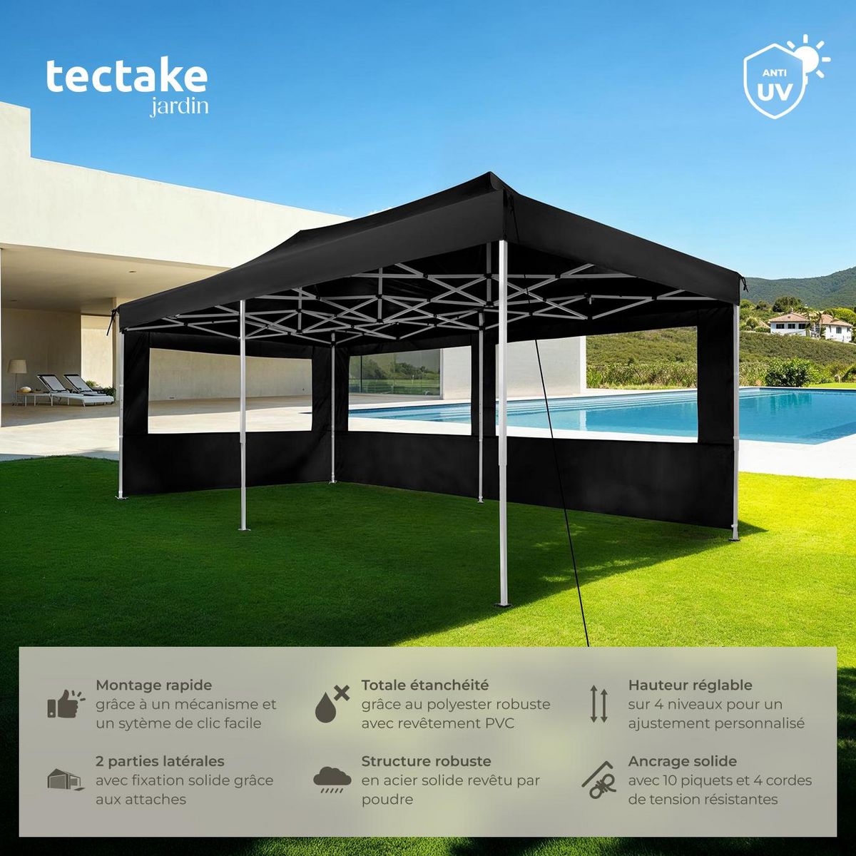 tectake Pavillon de jardin 6 x 3 m avec cadre en aluminium noir