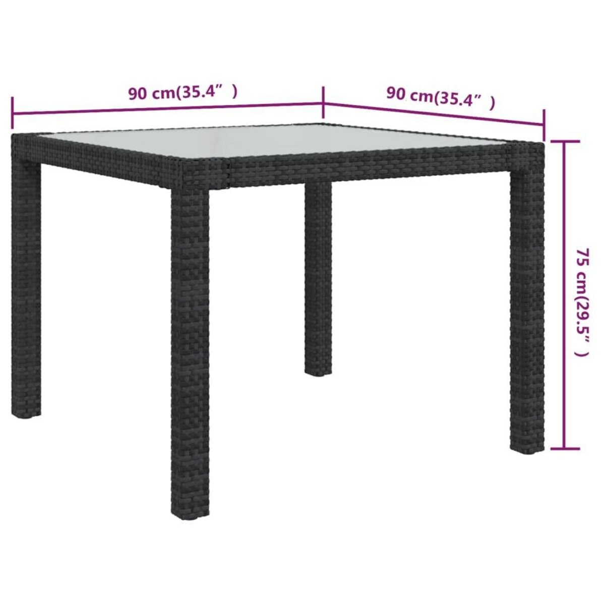 VIDAXL Table de jardin 90x90x75 cm Verre trempe et resine tressee Noir