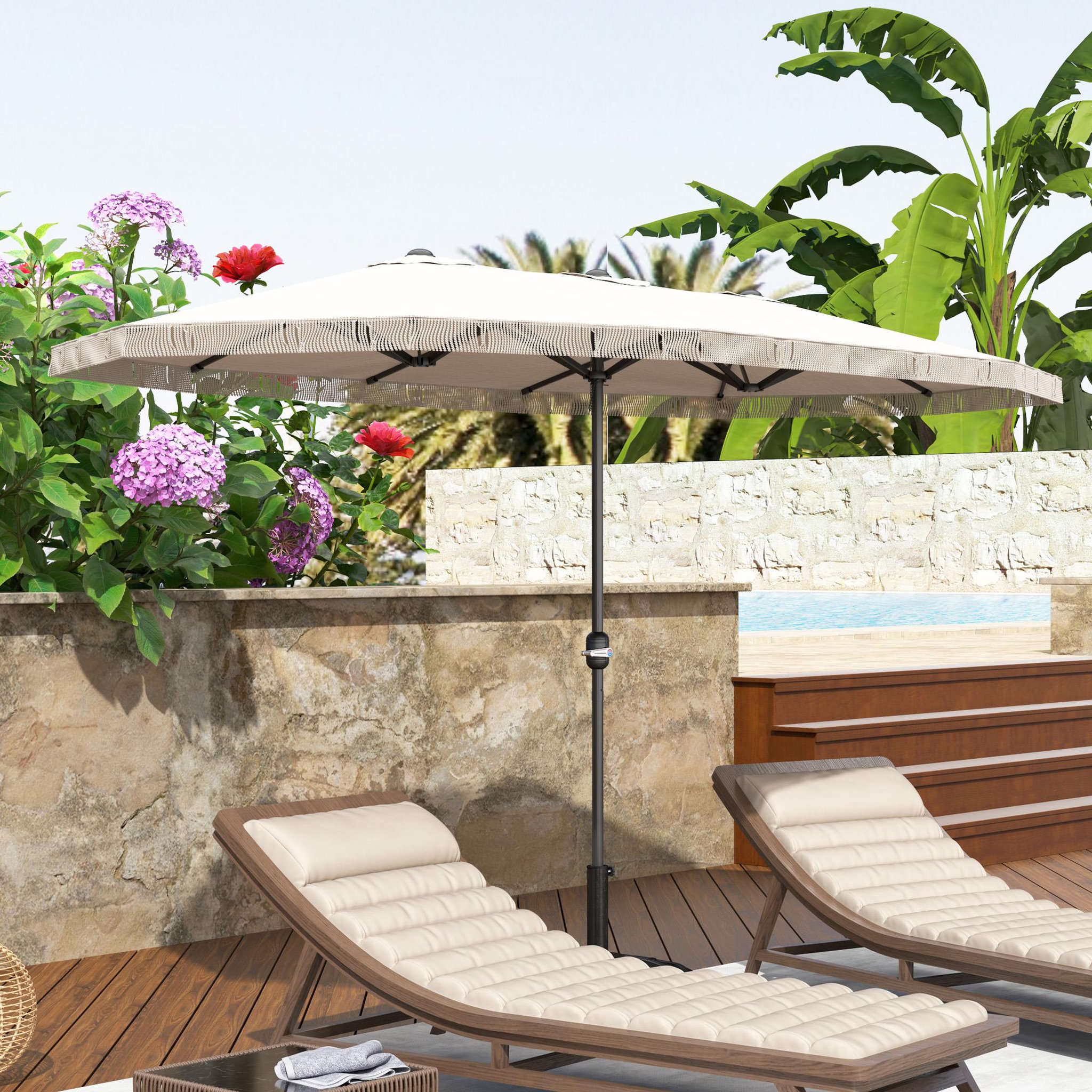 Voir la diapositive 4 : OUTSUNNY Parasol style bohème à franges XXL dim. 4,5 x 2,65 x 2,6 m ouverture fermeture manivelle métal tissu beige clair