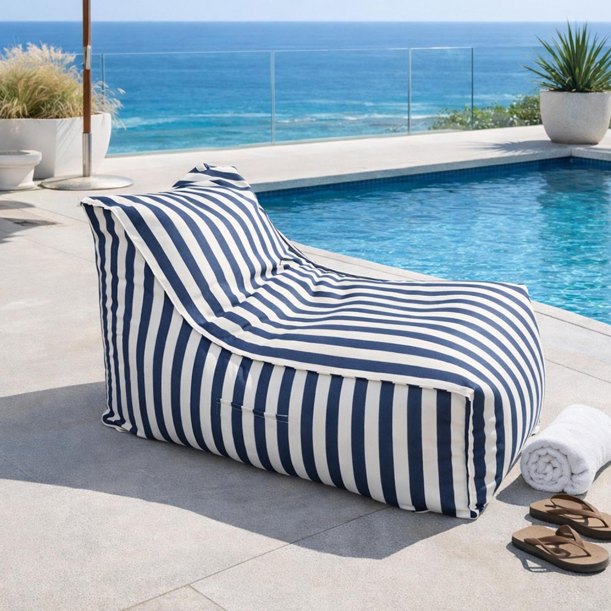 CONCEPT USINE Pouf d'extérieur rayé bleu déperlant et anti-UV – 100x65x65 cm POSITANO