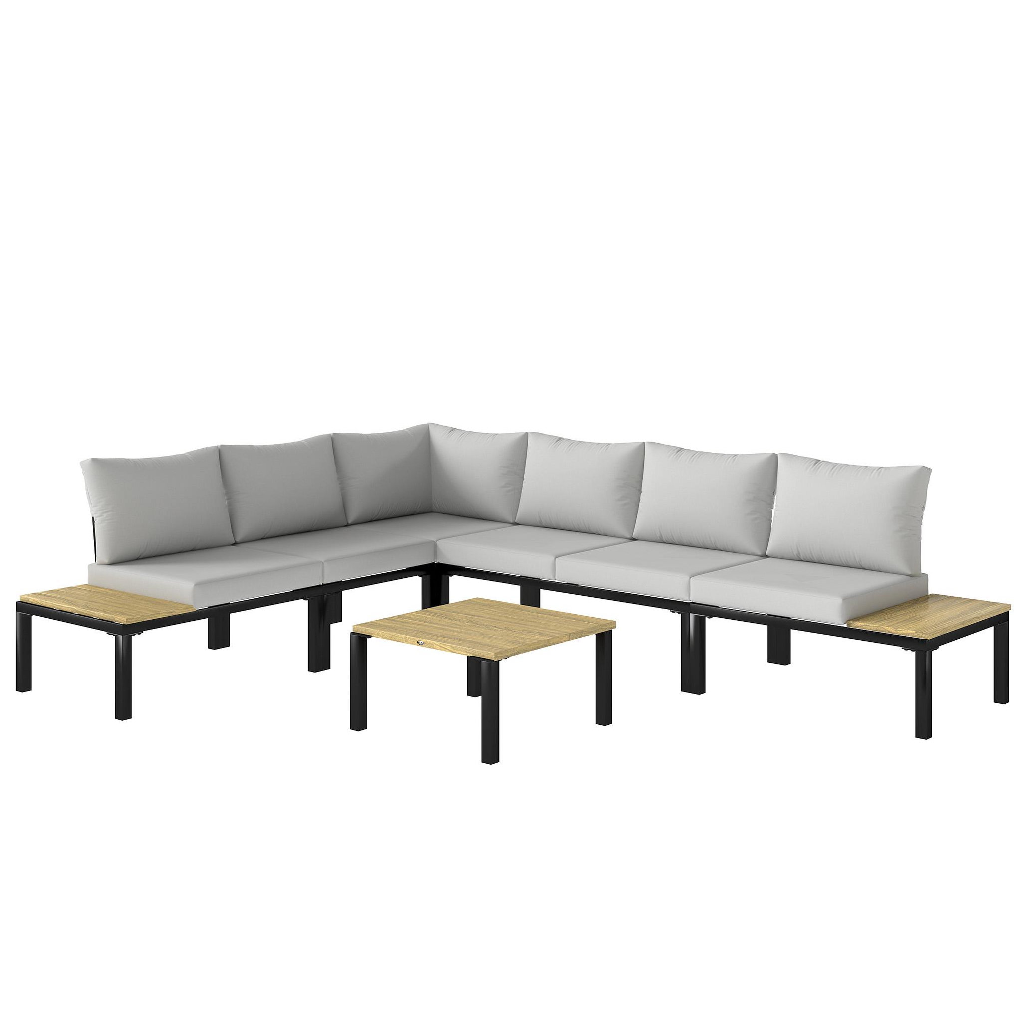 OUTSUNNY Salon de jardin d'angle 6 places design acier noir effet bois coussins gris clair