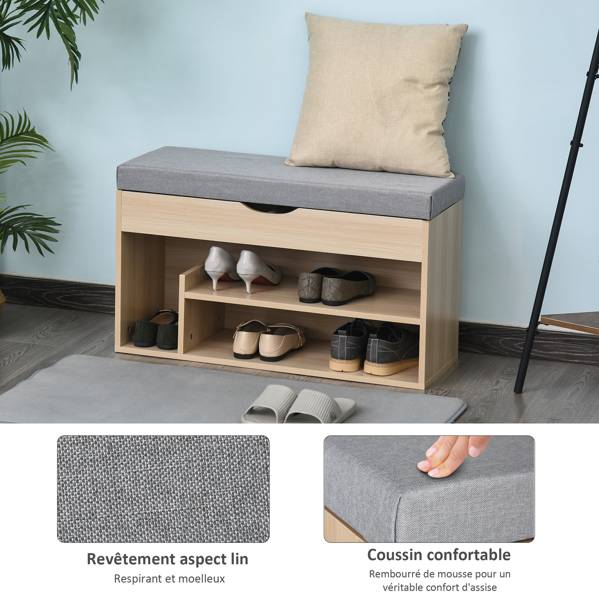 Voir la diapositive 4 : HOMCOM Meuble chaussures banc à chaussures 2 niveaux rangement, niche + coffre intégré avec coussin beige gris
