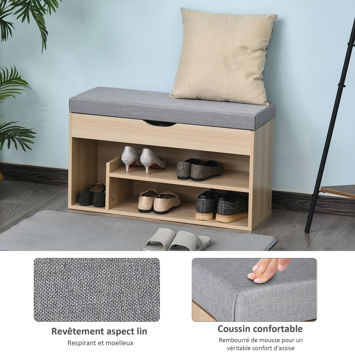 HOMCOM Meuble chaussures banc à chaussures 2 niveaux rangement, niche + coffre intégré avec coussin beige gris