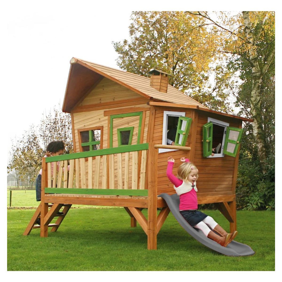 Axi House Maisonnette Emma marron-vert toboggan gris