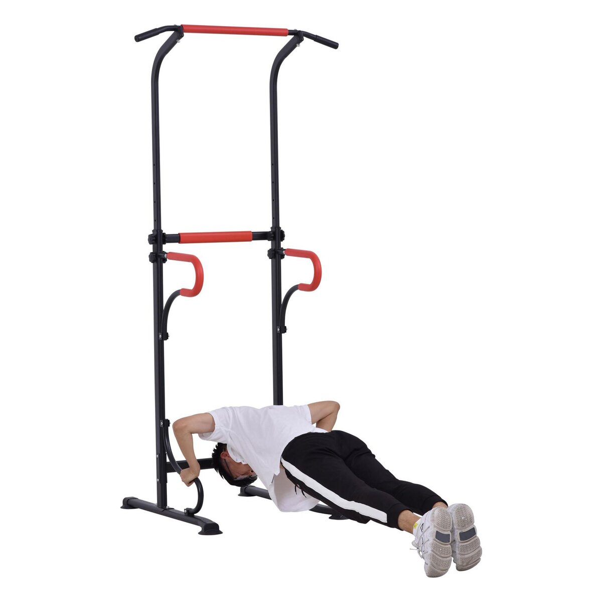 HOMCOM Station de musculation multifonctions barre de traction chaise romaine hauteur réglable acier noir rouge