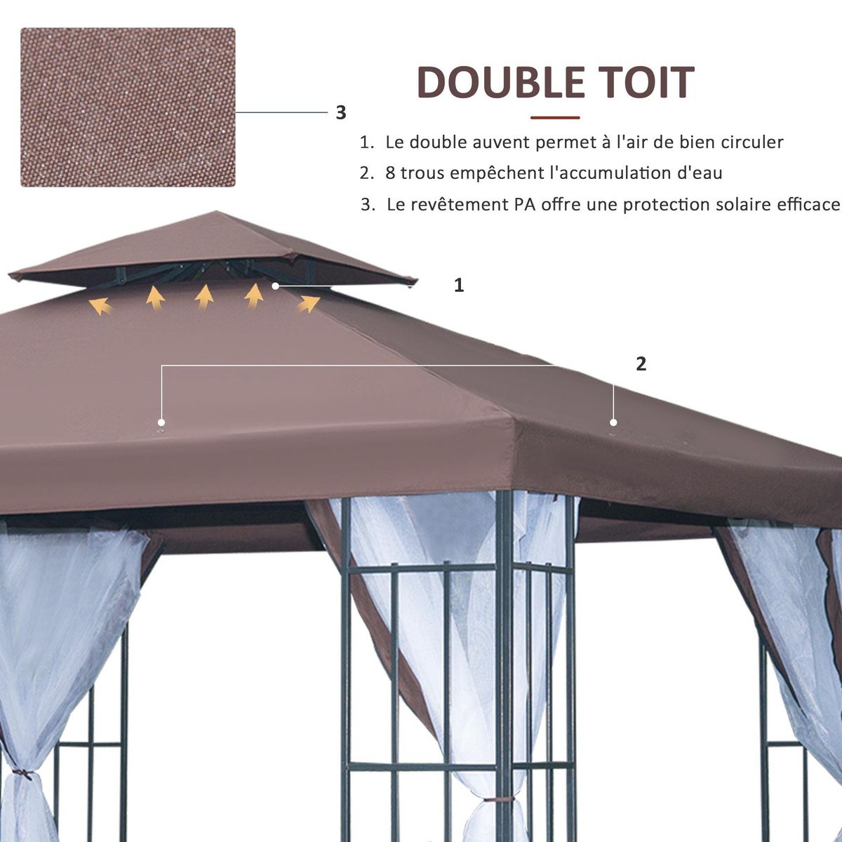 OUTSUNNY Tonnelle barnum style colonial double toit toile moustiquaires amovibles 3 x 3 x 2,65 m chocolat et blanc