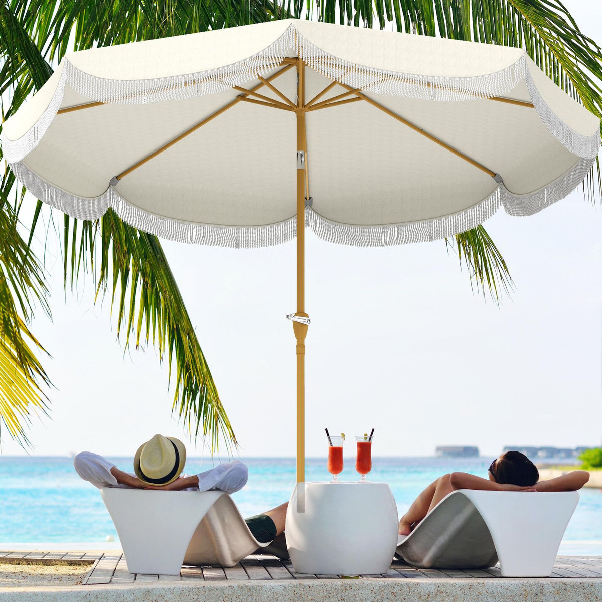 OUTSUNNY Parasol de jardin extérieur parasol inclinable rond Ø2,7 x 2,4 m parasol droit avec ouverture fermeture manivelle, franges, toile 180 g/m² protection UPF 30+, pour balcon, terrasse, bleu