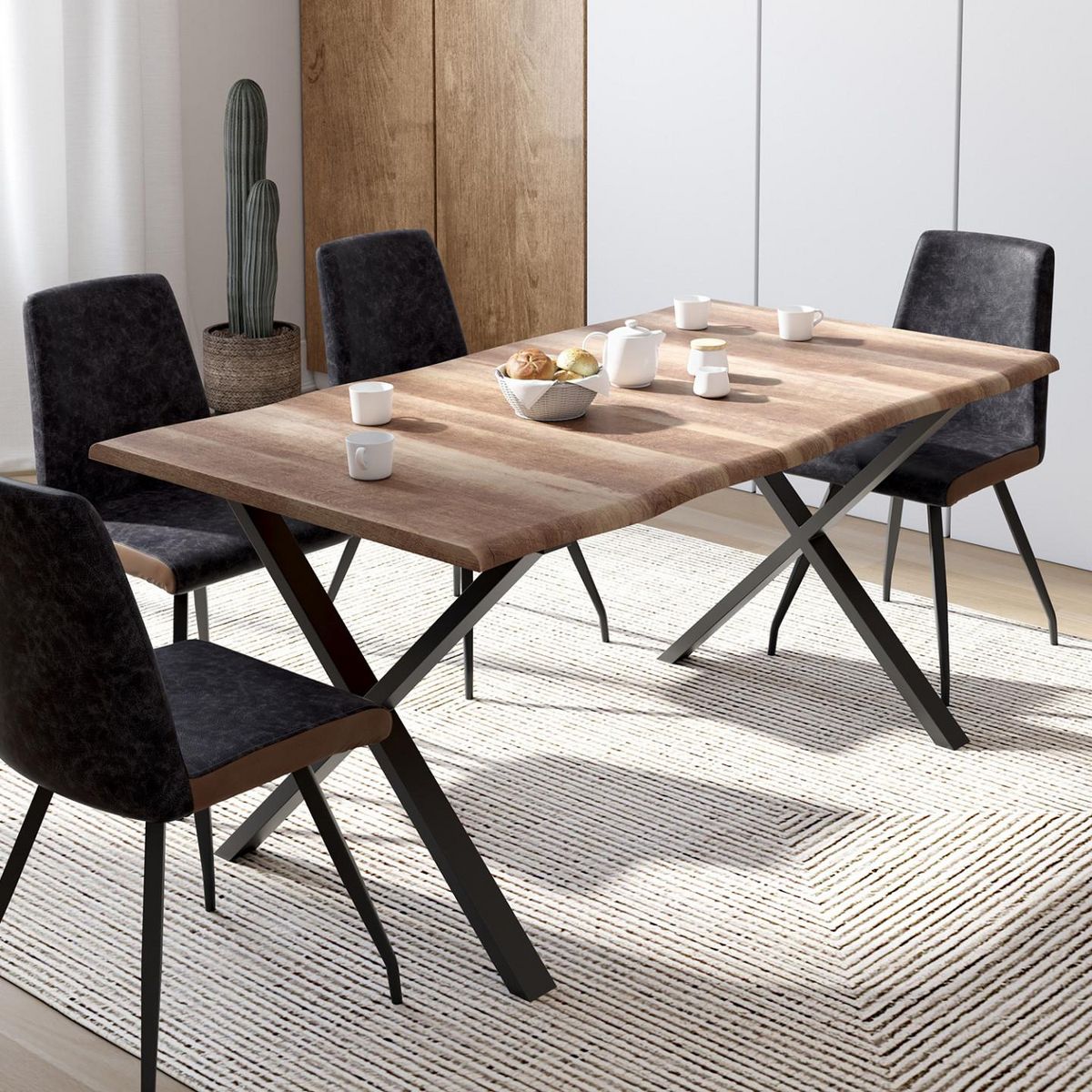 ID MARKET Table à manger rectangle DAKOTA 6 personnes pieds forme en X design industriel 160 cm