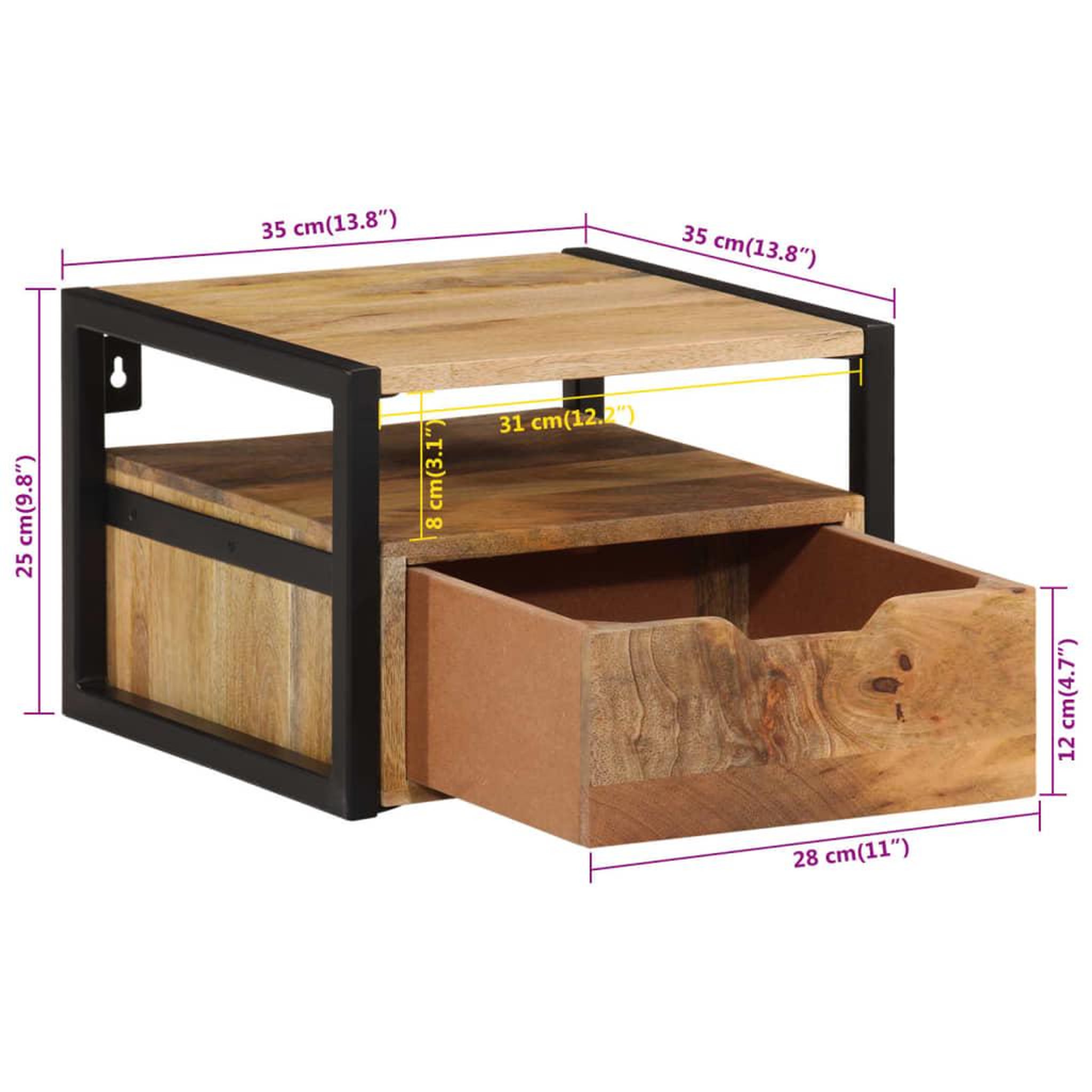 Voir la diapositive 6 : VIDAXL Table de chevet murale 35x35x25 cm bois d'acacia solide
