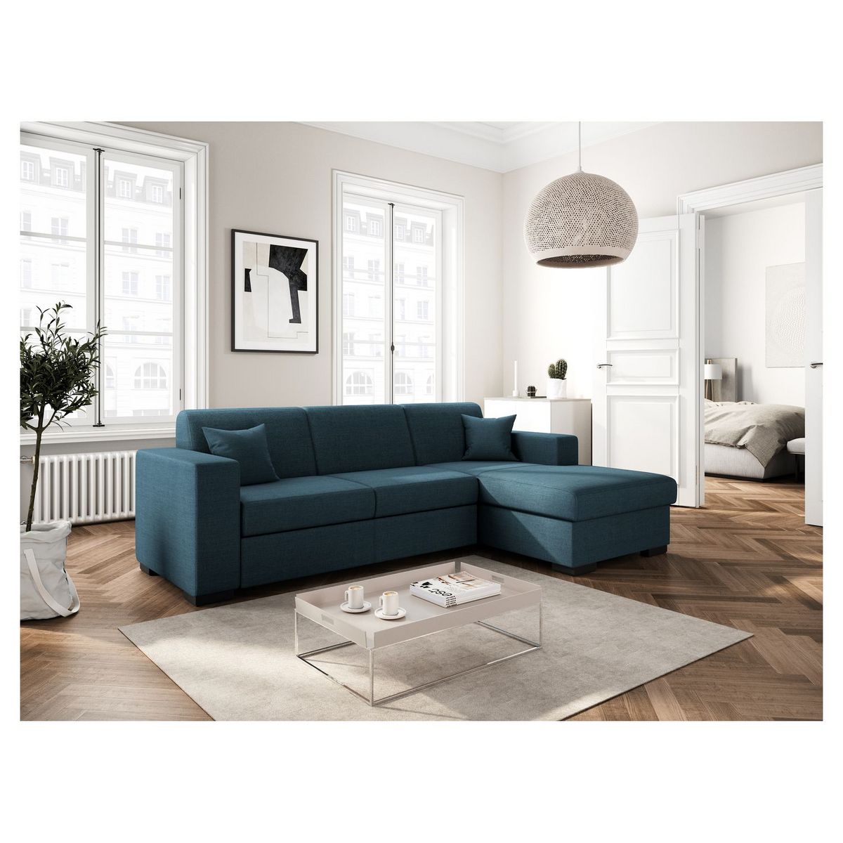 Canapé d'angle droit convertible 4 places avec coffre  de rangement revêtement tissu CARIBEA 