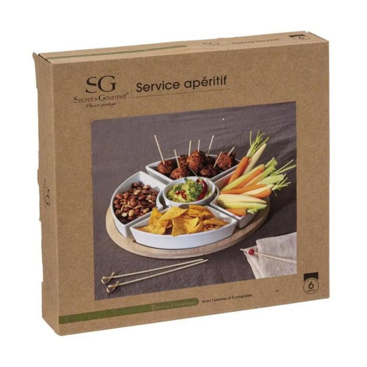 SECRET DE GOURMET Set Apéritif 6 Pièces  Bambou  27cm Blanc