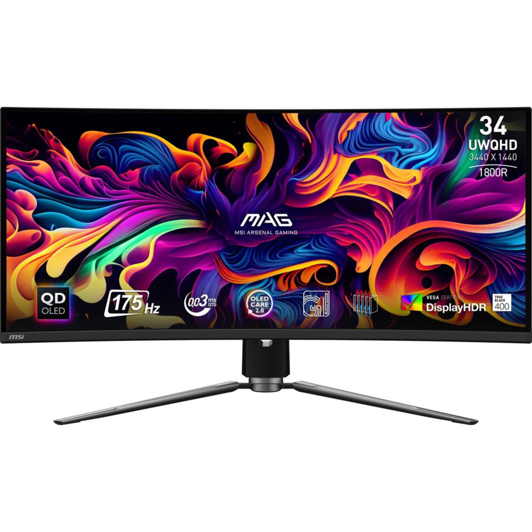 Voir la diapositive 2 : MSI Ecran PC Gamer MPG 341CQP 34  Incurvé 1800R UWQHD 175Hz QD-OLED HDMI 2.1 AMD FreeSync