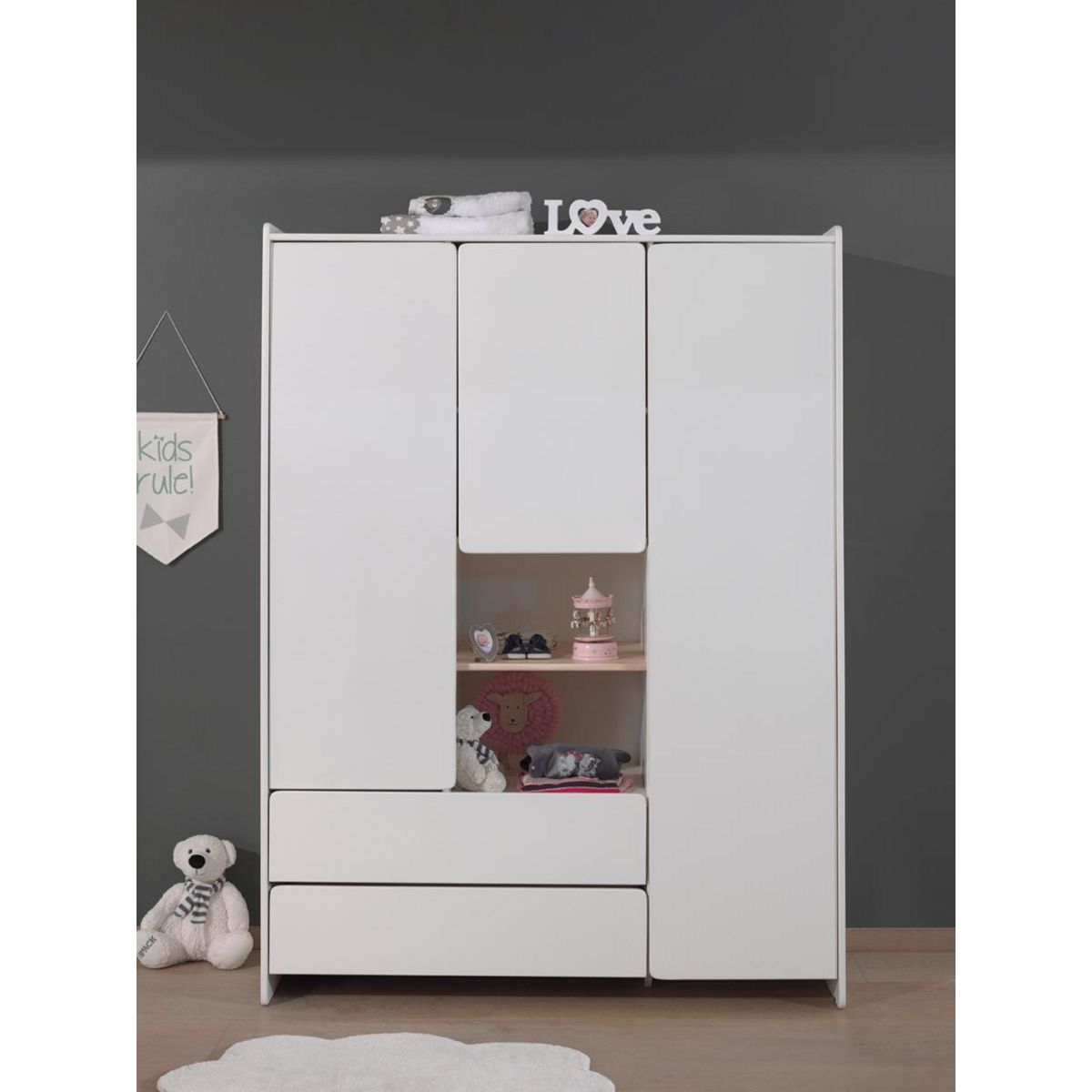 Armoire 3 portes 2 tiroirs L133cm KID