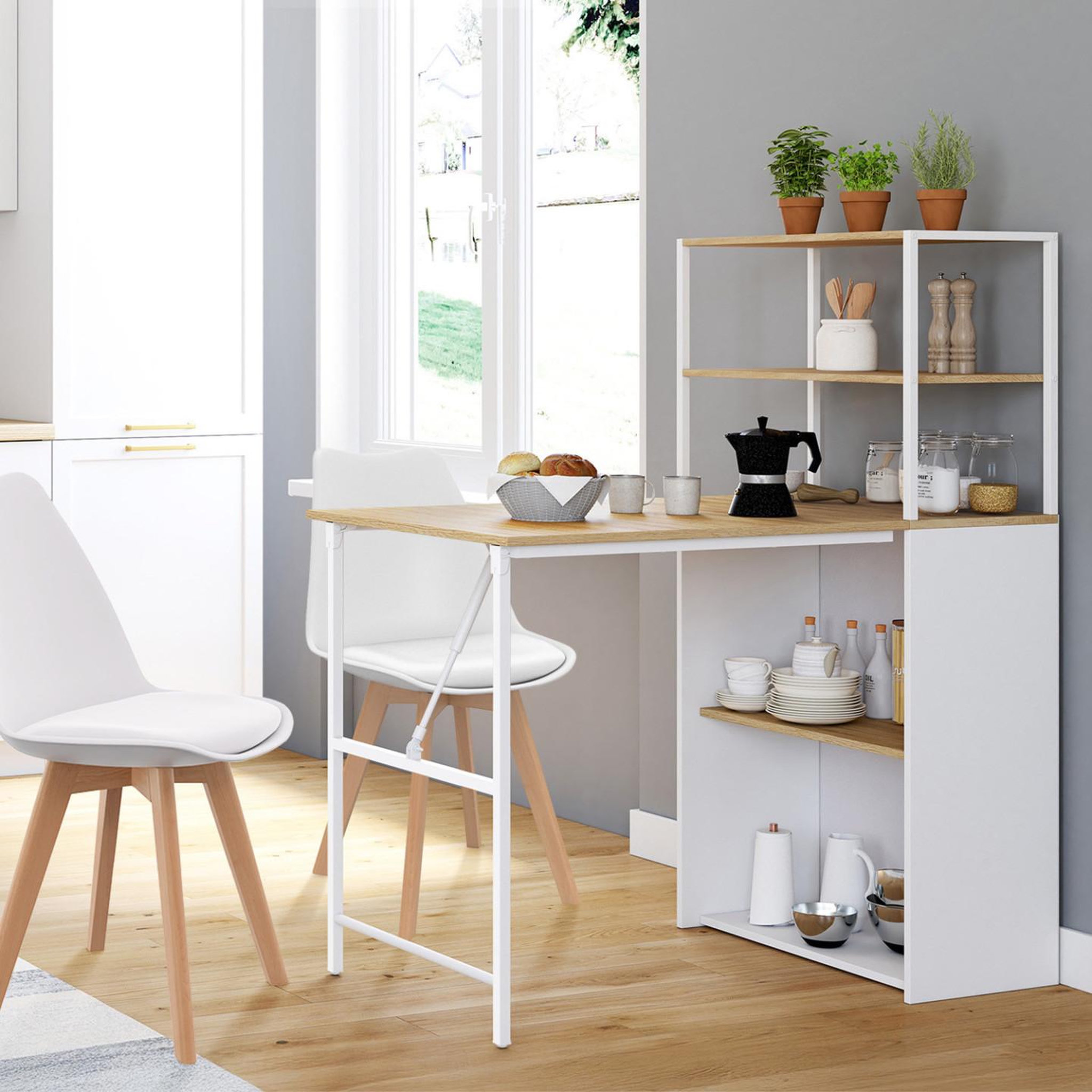 Voir la diapositive 5 : ID MARKET Bureau bibliothèque pliable ray plateau rabattable bois façon hêtre et blanc