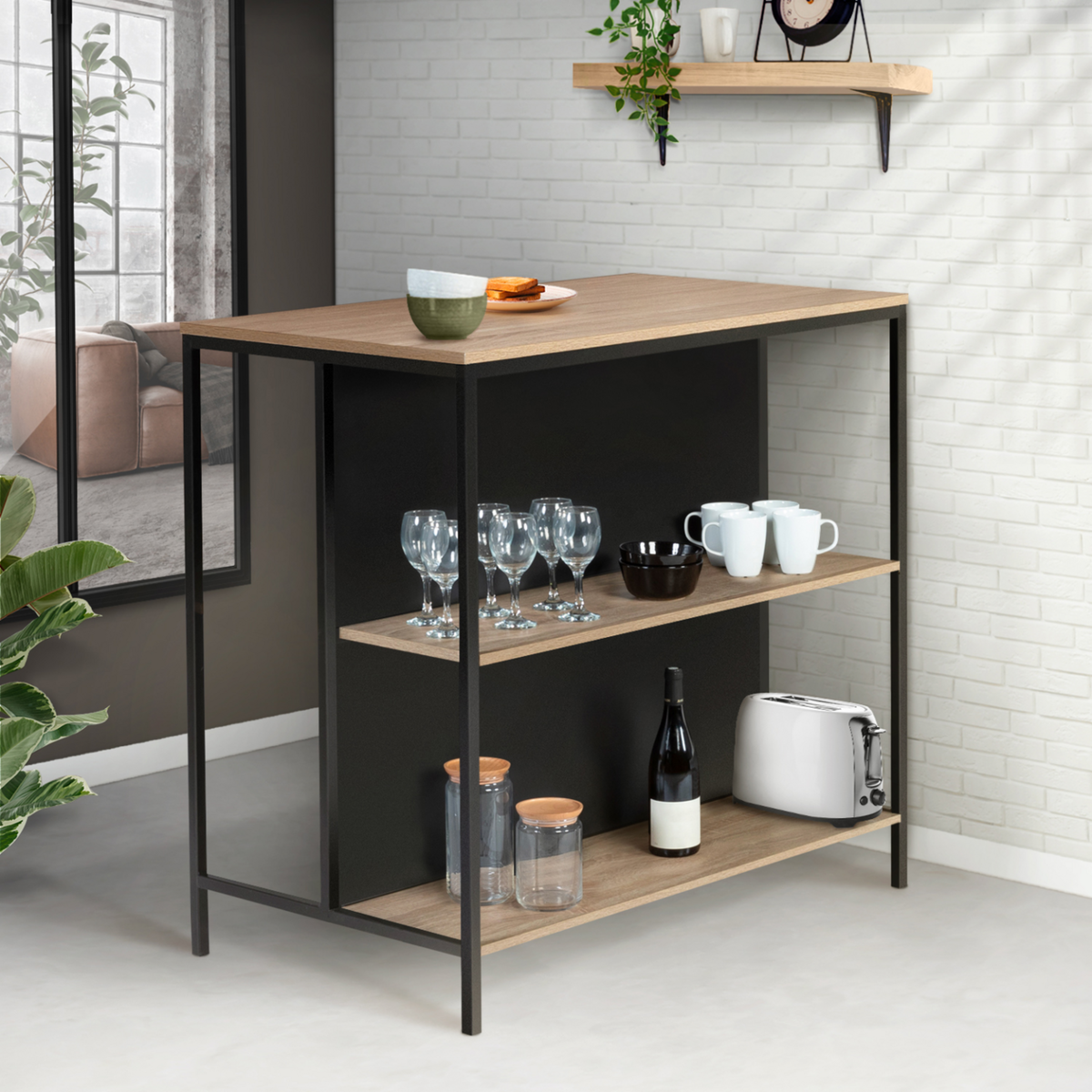 ID MARKET Ensemble table de bar îlot DETROIT et 2 tabourets design industriel