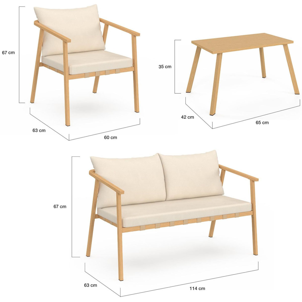 ID MARKET Salon de jardin bas MALTA 4 places structure en métal effet bois, lanières et coussins beiges
