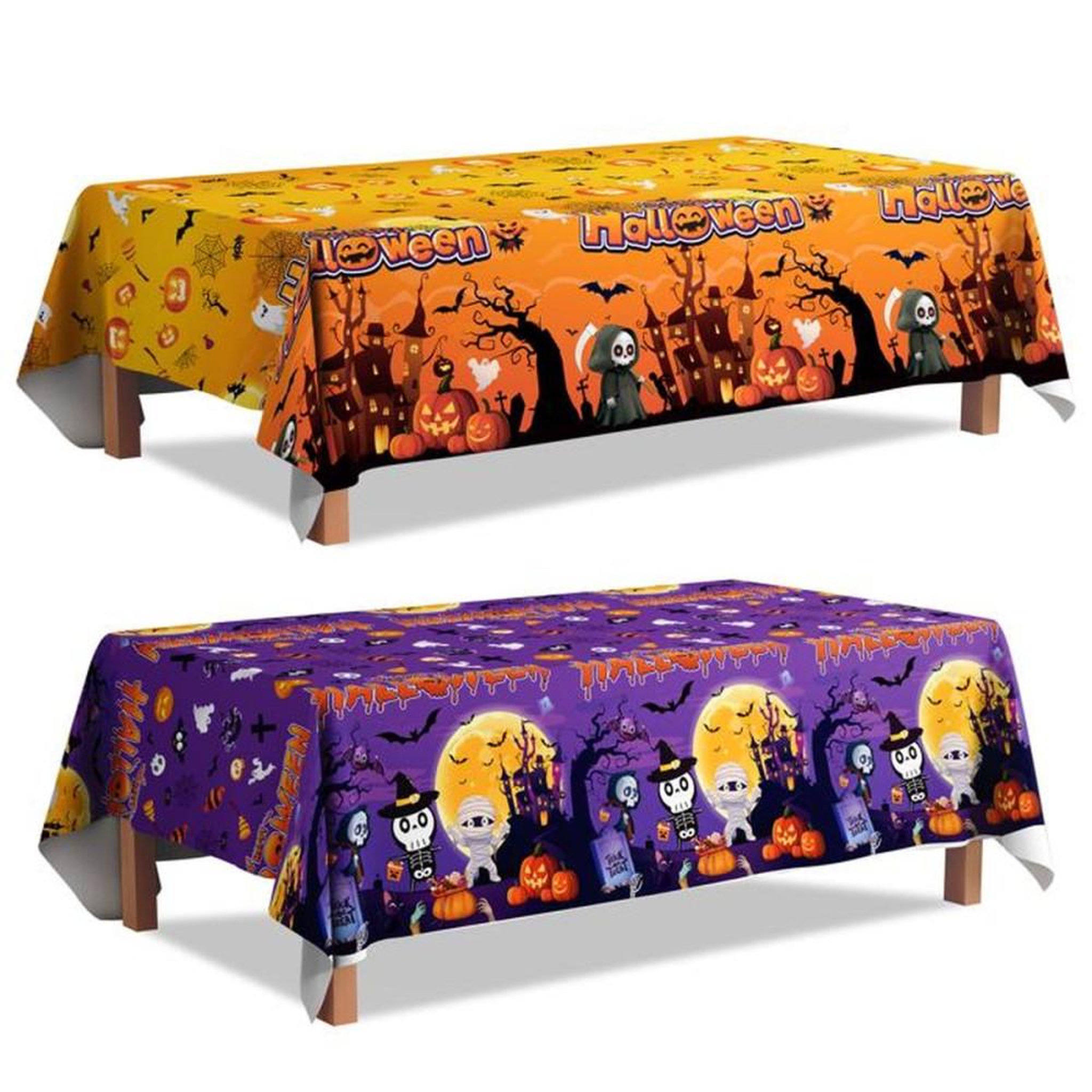 Set de nappes Halloween 2 pièces orange et violet avec motifs citrouilles, chauves-souris et toiles d'araignée