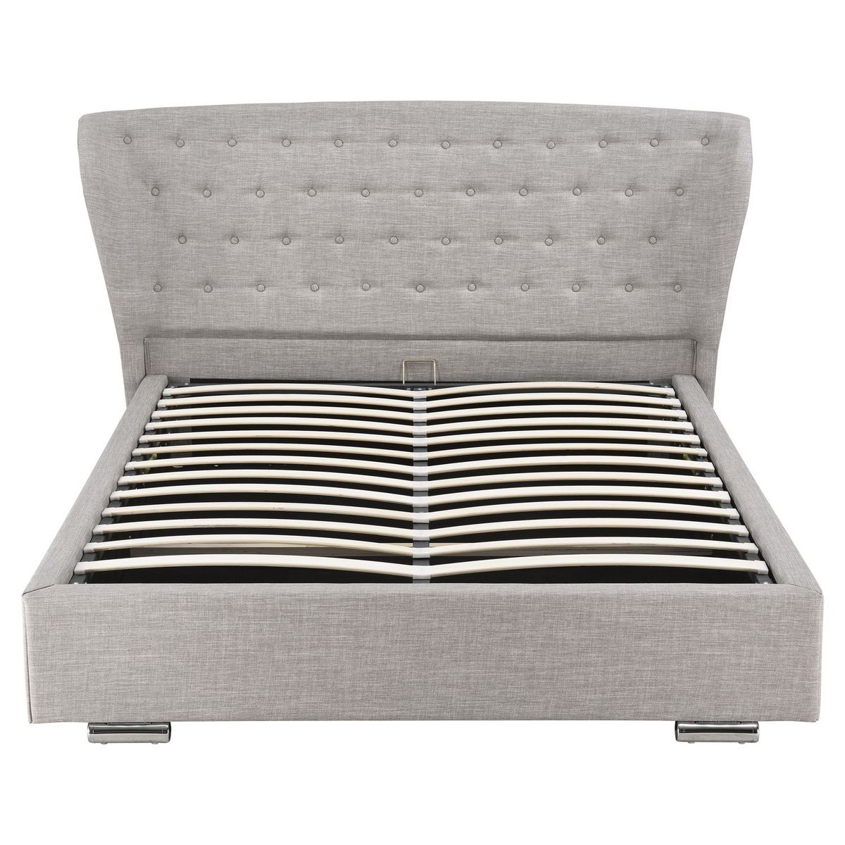 lit coffre avec sommier relevable et tête de lit arrondie capitonnée en tissu gris clair 140x190 cm DUC