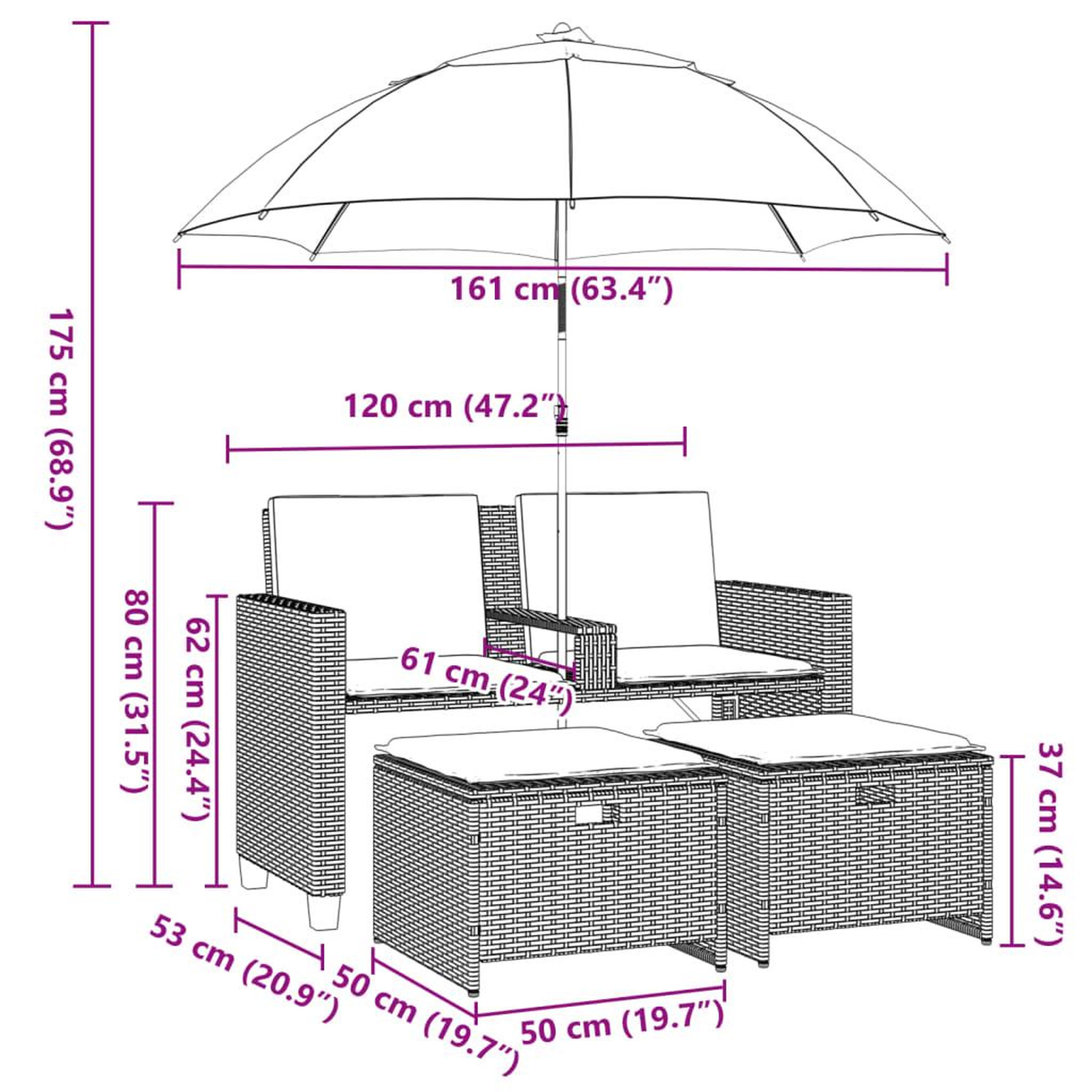 Voir la diapositive 6 : VIDAXL Canape de jardin 2 places avec parasol et tabourets beige rotin