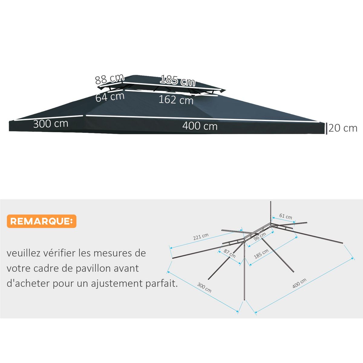 OUTSUNNY Toile de rechange pour pavillon tonnelle tente 3 x 4 m polyester haute densité 180 g/m² gris foncé