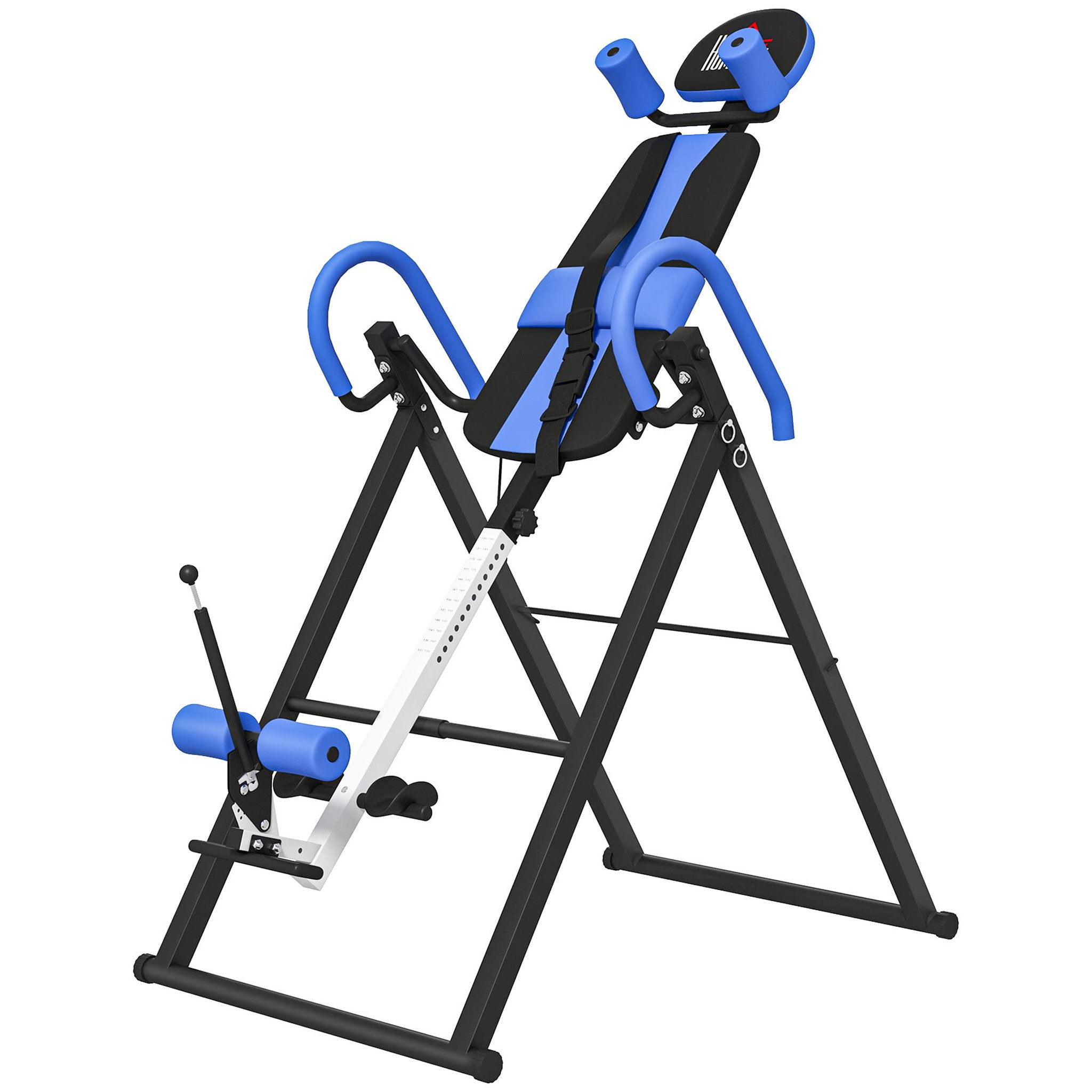 Voir la diapositive 5 : HOMCOM Table d'inversion de musculation pliable ceinture de sécurité réglable angle inversé ajustable 3 niveaux acier bleu noir