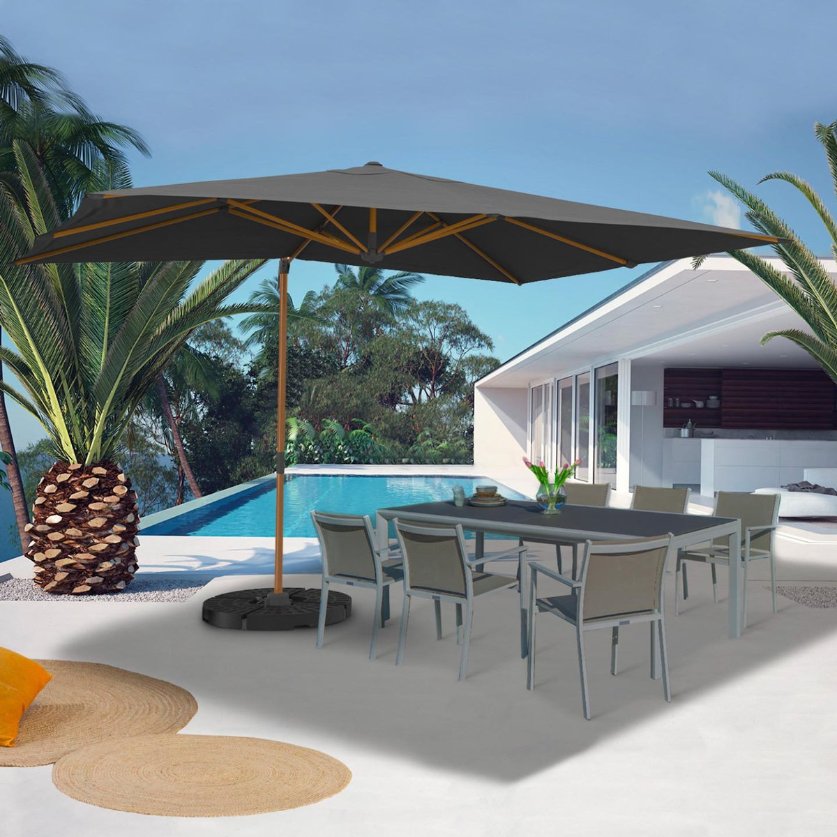 ID MARKET Parasol déporté inclinable rotatif 360 CALVI mat effet bois et toile grise 3X4M avec housse