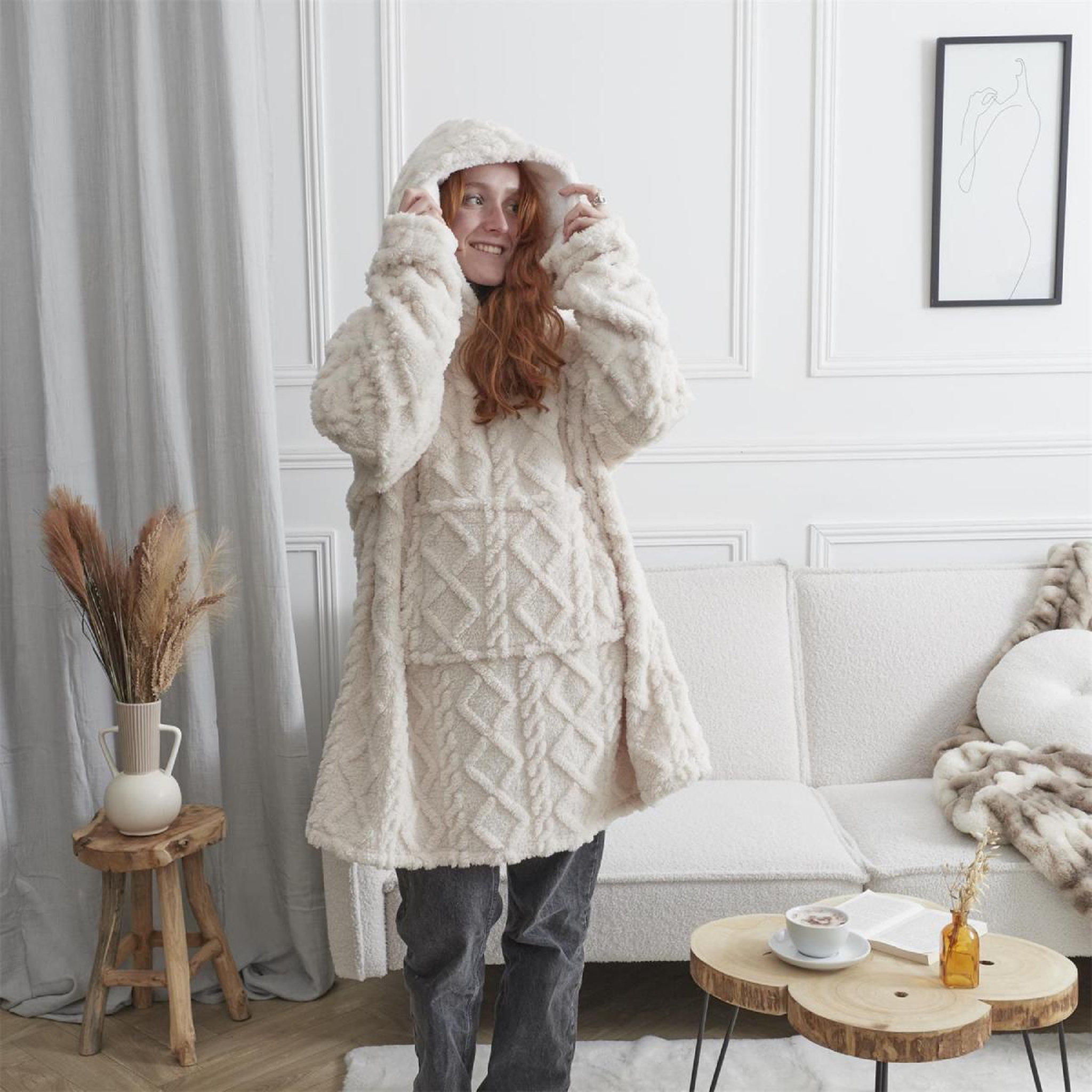 Voir la diapositive 2 : The Home Deco Factory Plaid sweat à capuche  jacquard  85x118cm crème