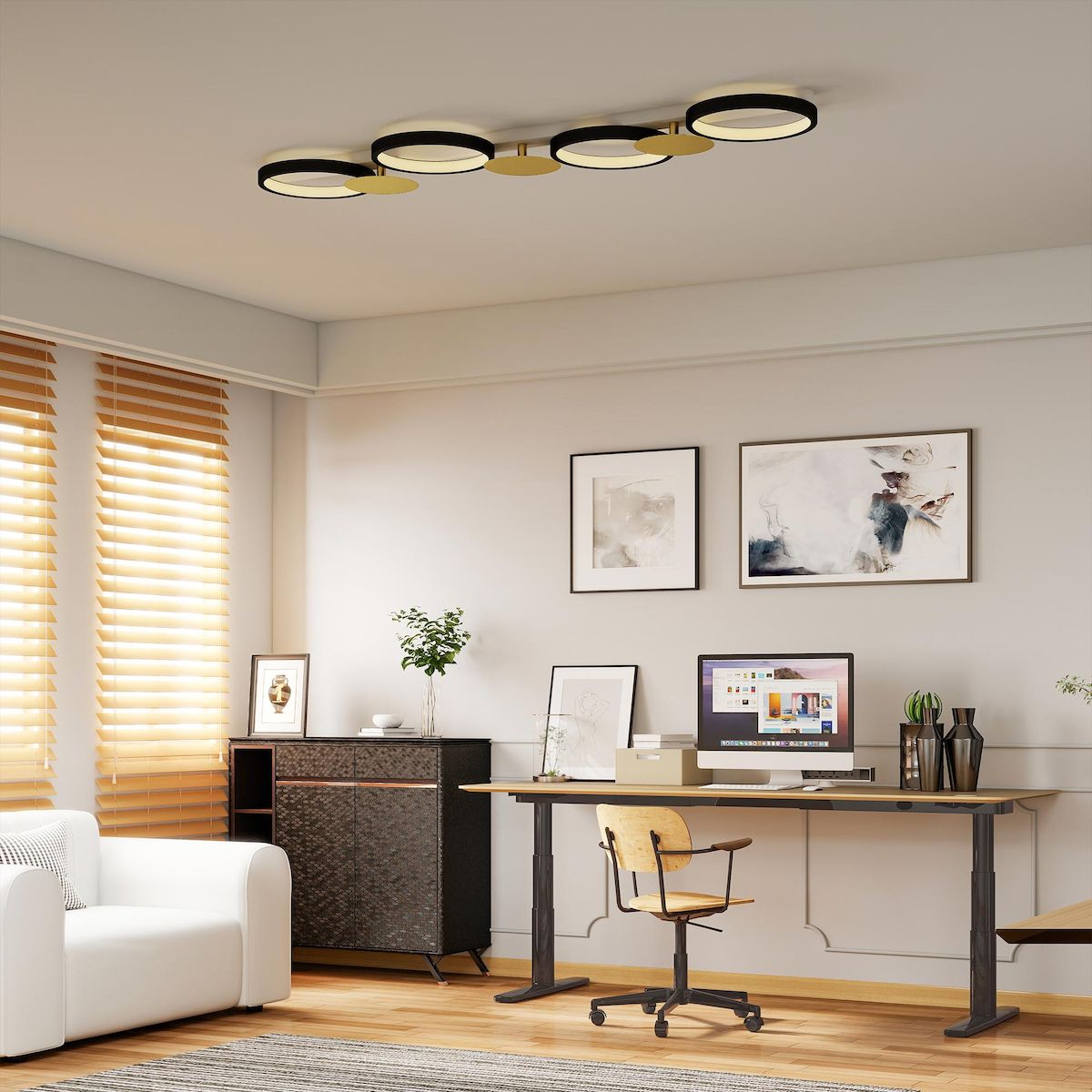 HOMCOM Plafonnier design anneaux LED 38W réglable avec télécommande métal noir doré