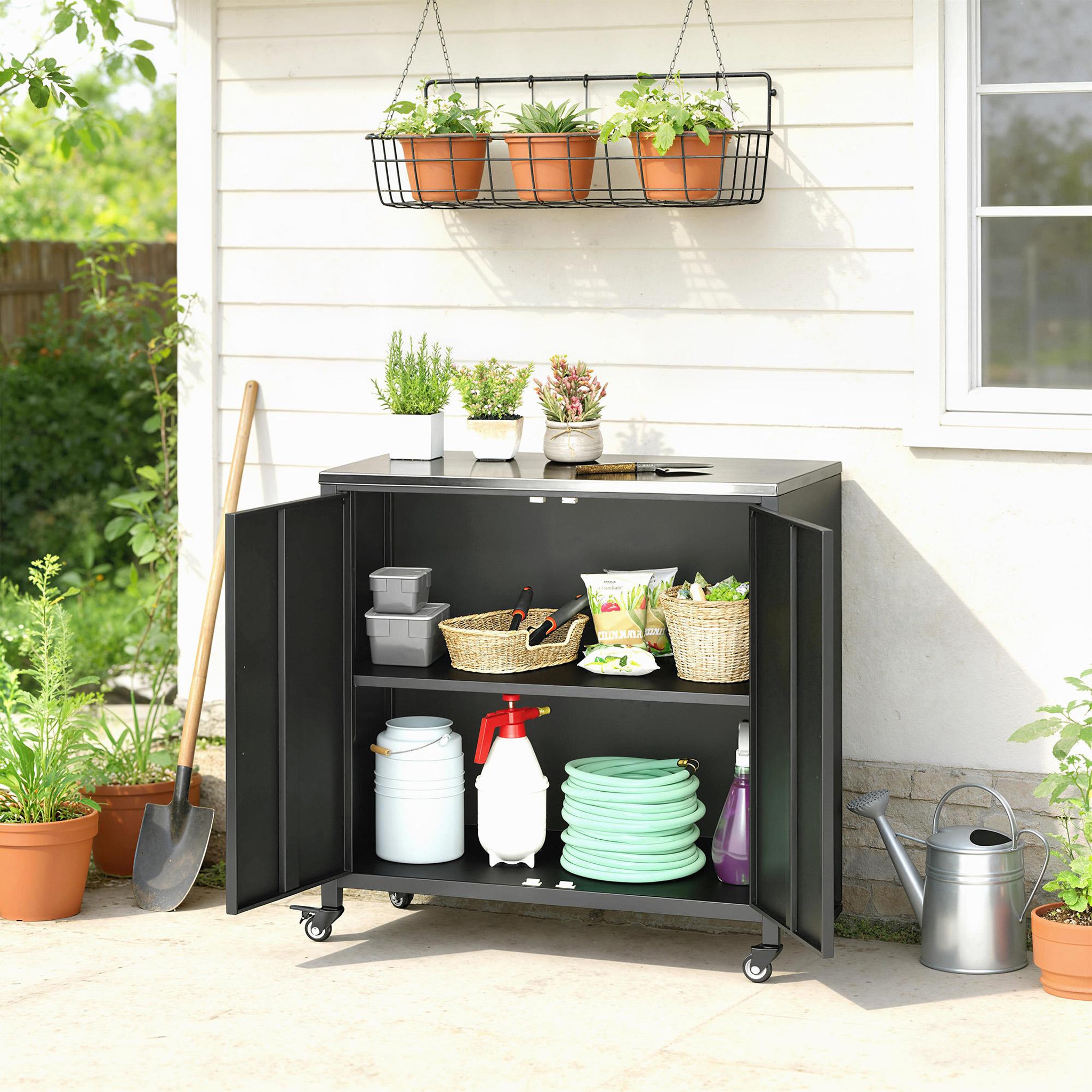 Voir la diapositive 4 : OUTSUNNY Meuble de Rangement de Jardin en Métal avec Roulettes Noir