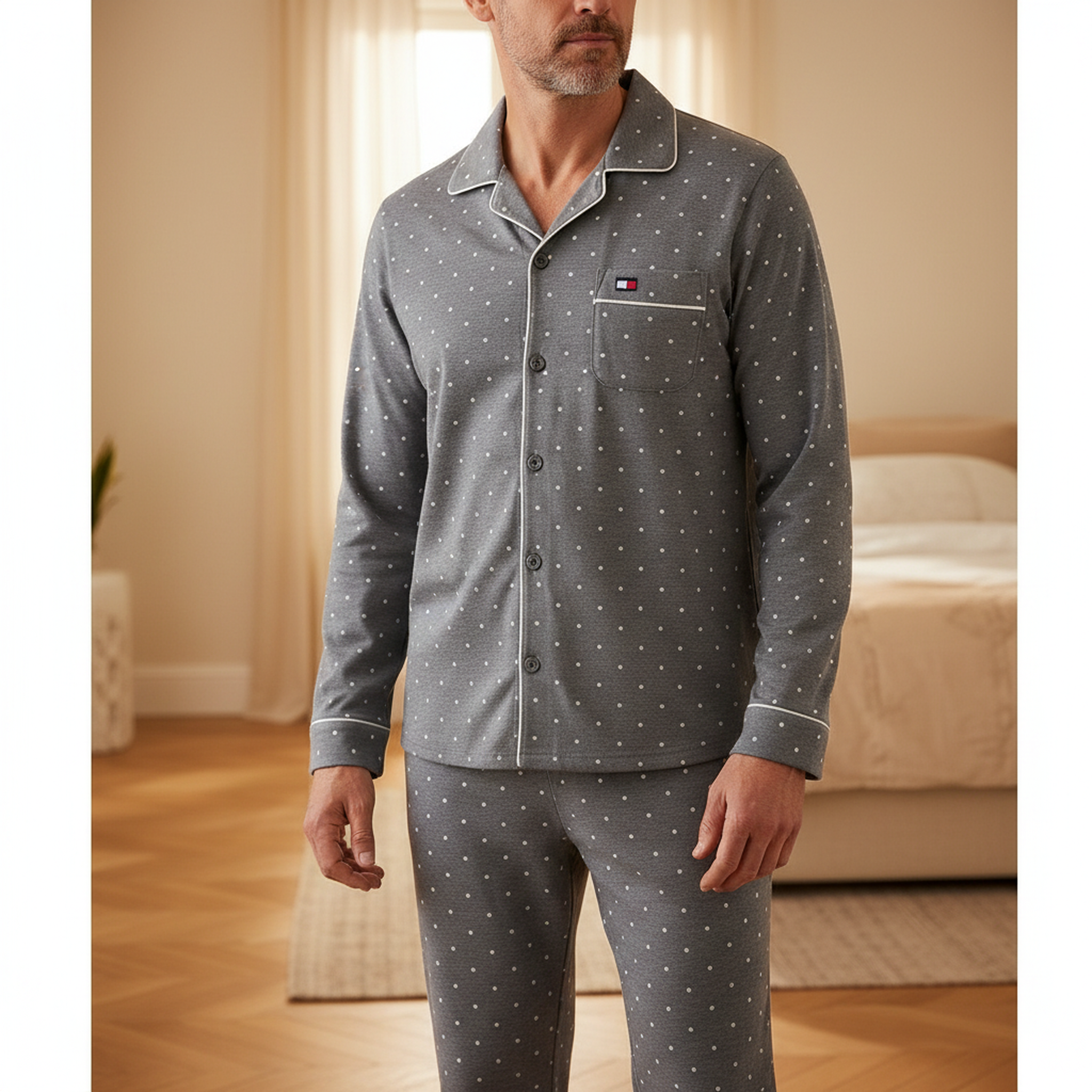 Voir la diapositive 2 : OZABI Ozabi ensemble pyjama homme doublé polaire boutonné petits pois