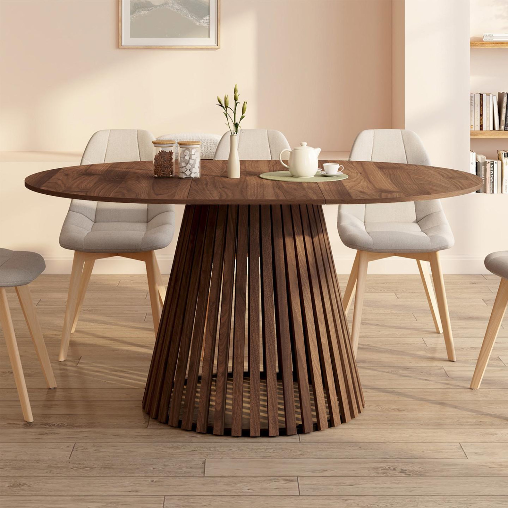 Voir la diapositive 2 : ID MARKET Table à manger extensible ronde carmen 4-8 personnes pied noyer en lattes et plateau noyer 110-150 cm