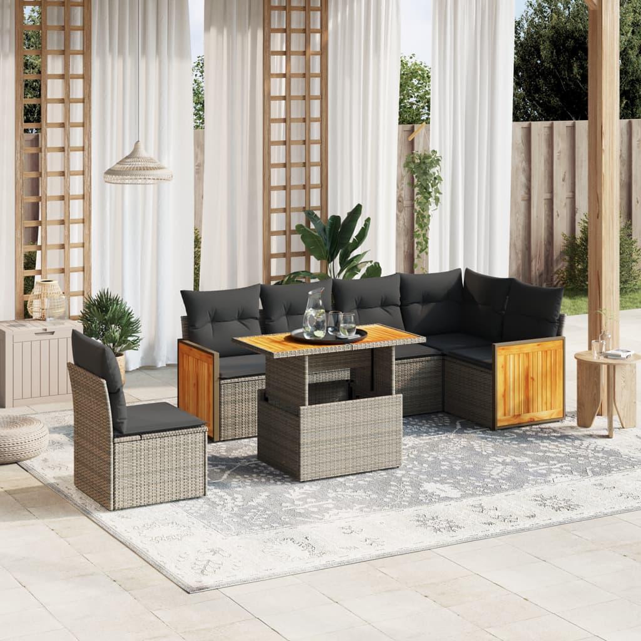 VIDAXL Salon de jardin avec coussins 7 pcs gris resine tressee