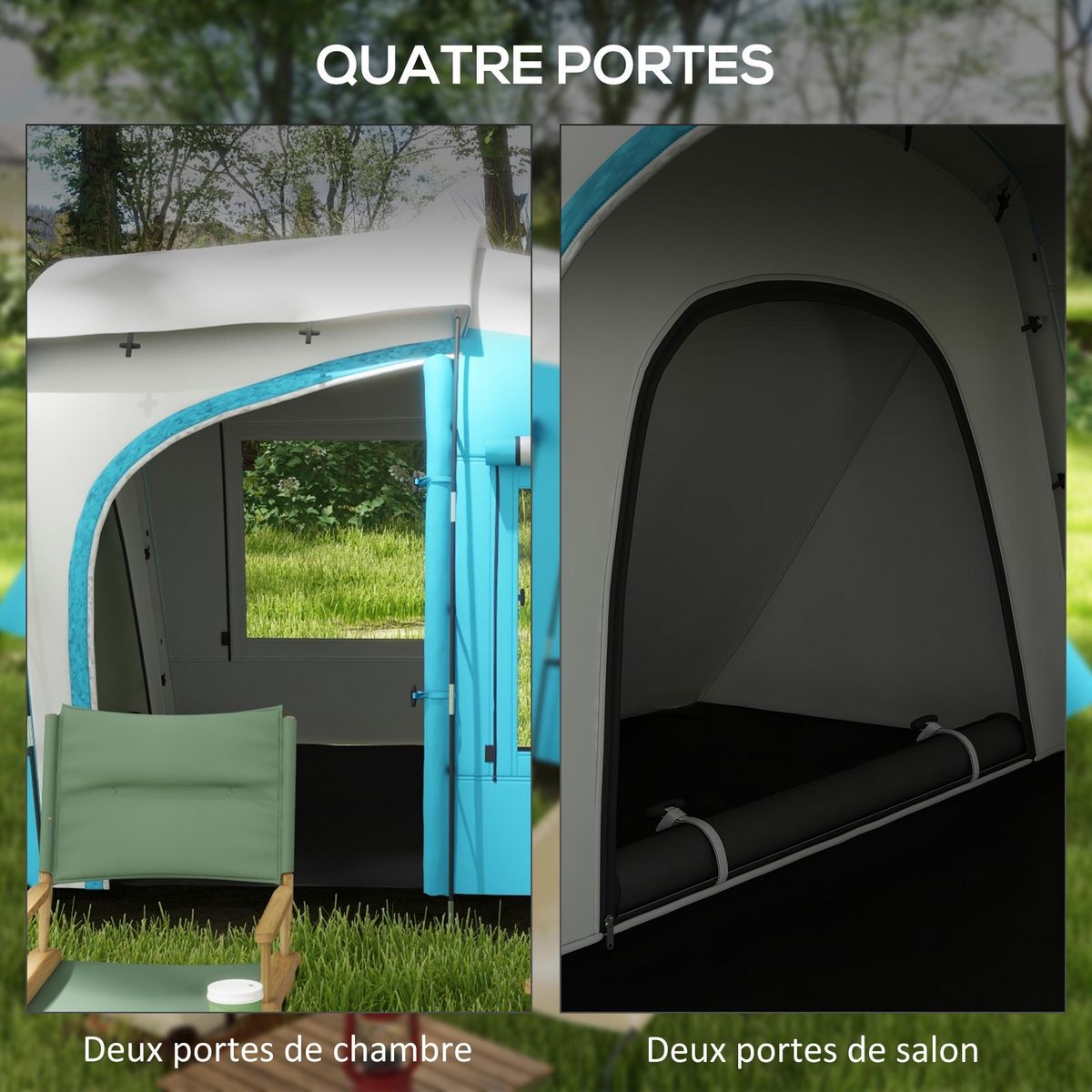OUTSUNNY Tente de camping 3-4 pers. 2 chambres 4 portes 4 fenêtres sac bleu