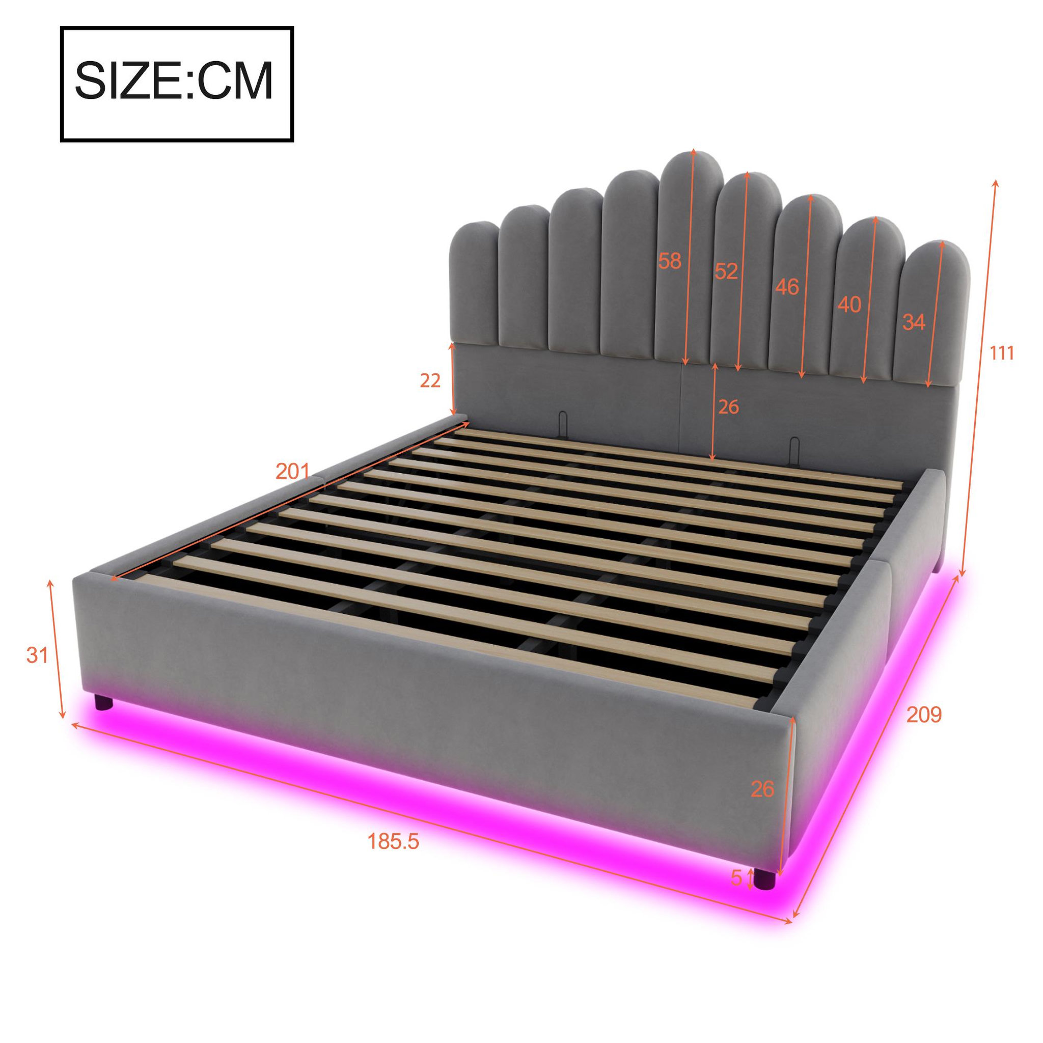 Voir la diapositive 3 : MERAX Lit coffre velours avec led, tête de lit capitonnée et sommier à lattes