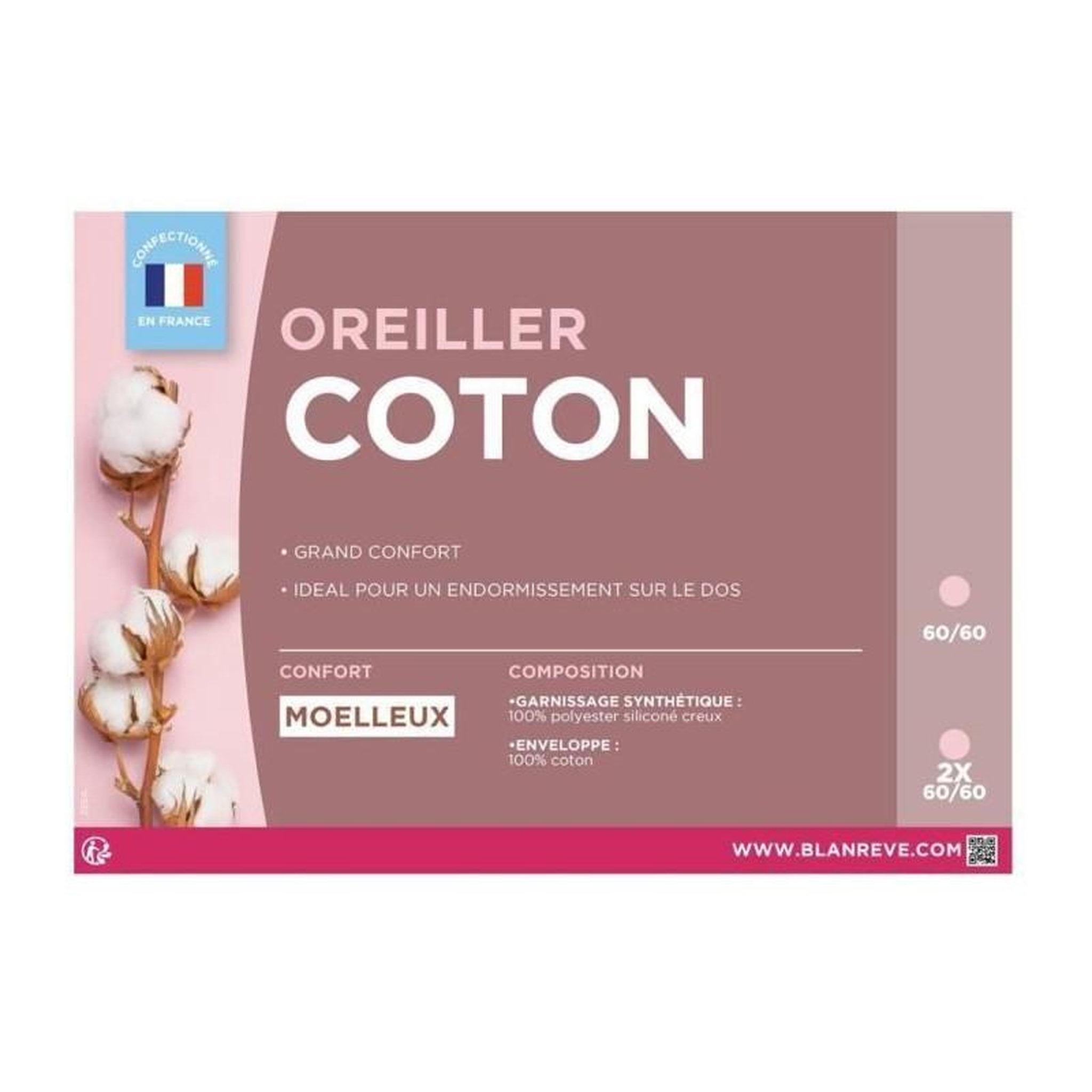 Voir la diapositive 4 : BLANREVE BLANREVE Lot de 2 Oreillers en coton - 60 x 60 cm - Blanc